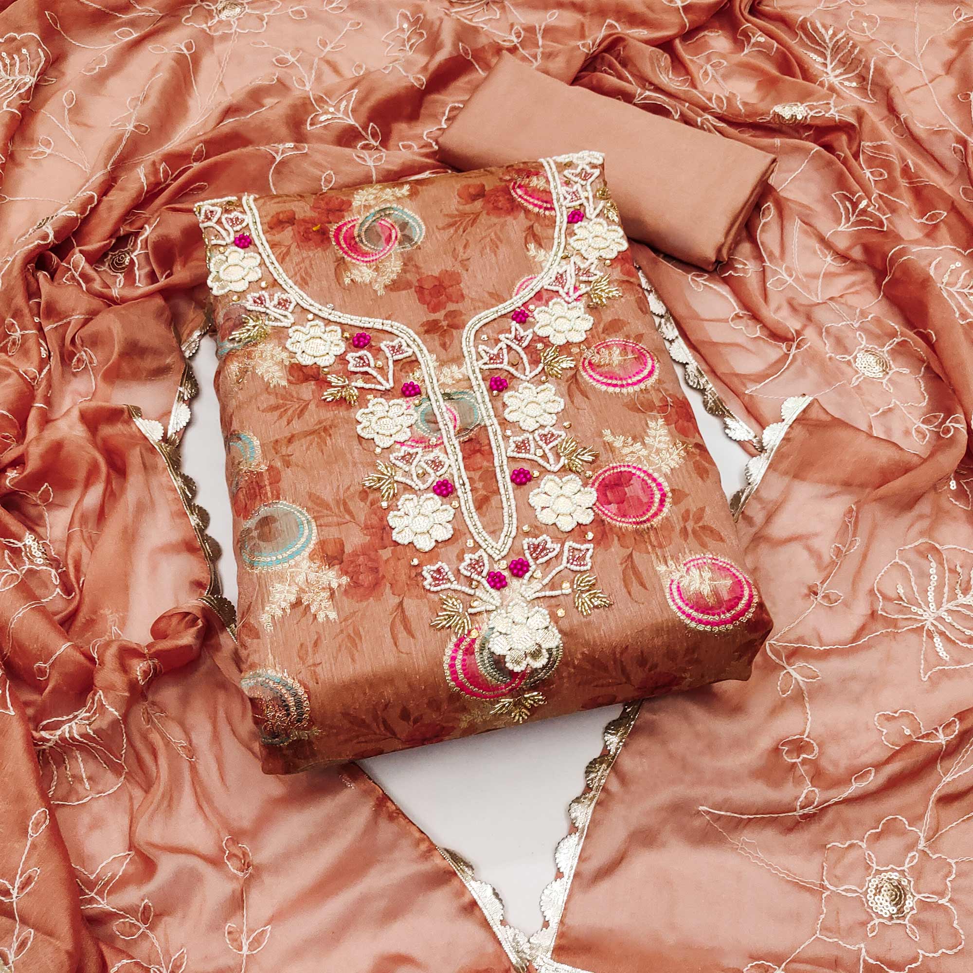 Dark Peach Woven Chanderi Silk Dress Material