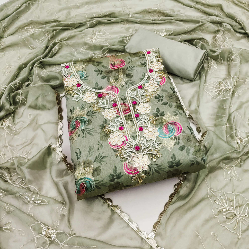 Green Woven Chanderi Silk Dress Material