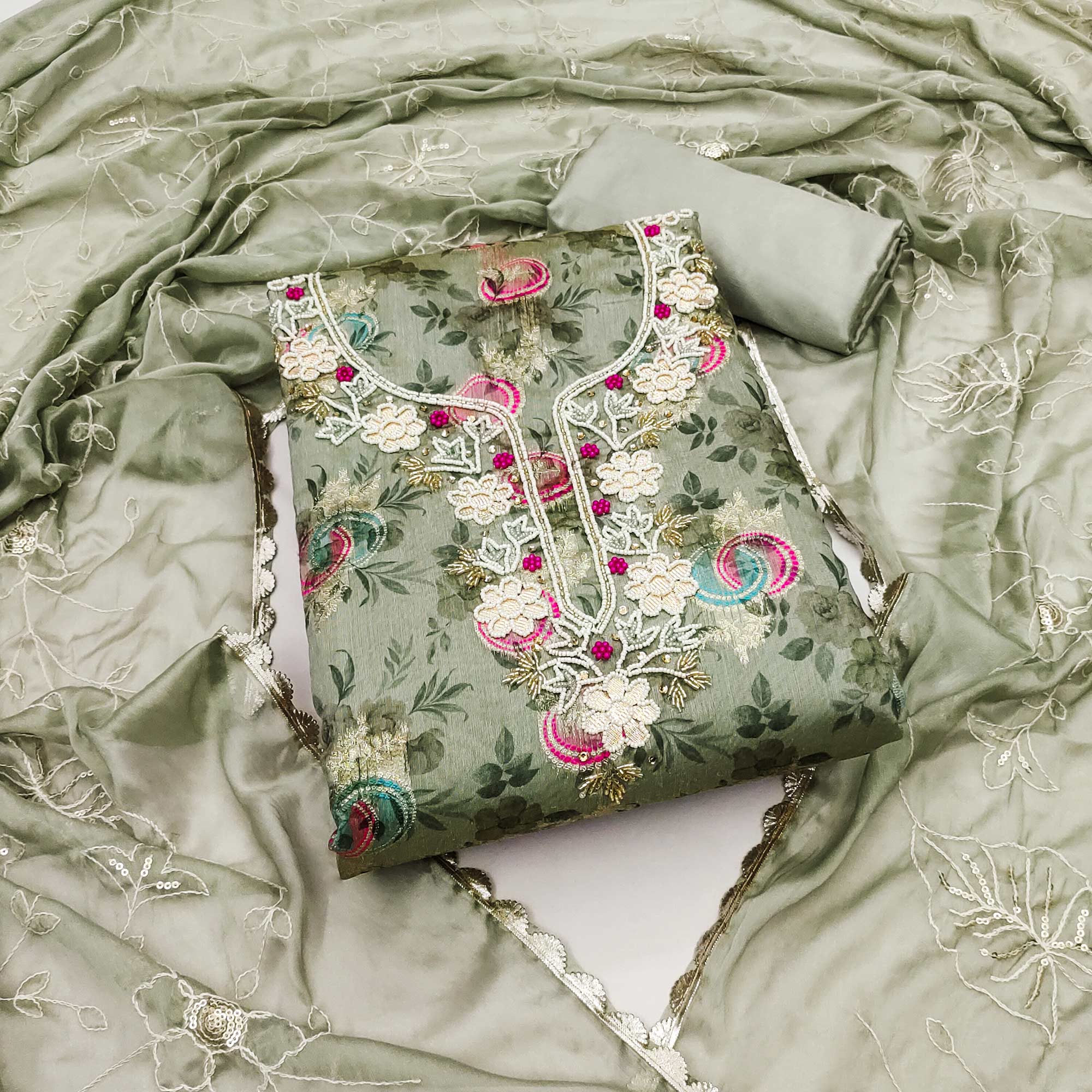 Green Woven Chanderi Silk Dress Material