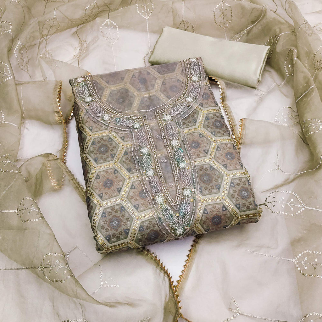 Beige Printed Organza Dress Material