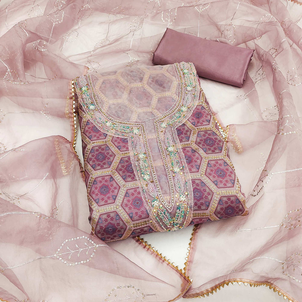 Mauve Printed Organza Dress Material