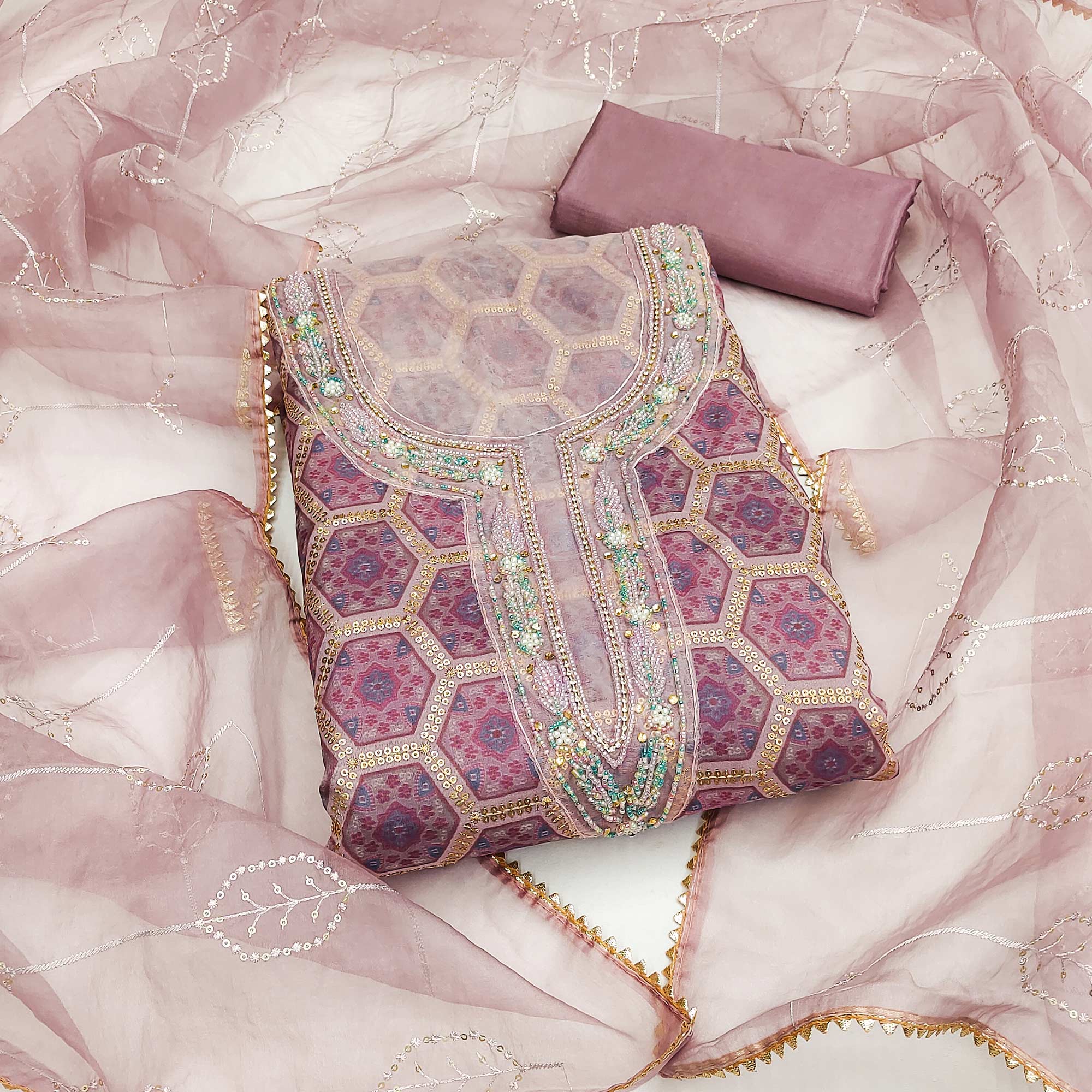 Mauve Printed Organza Dress Material