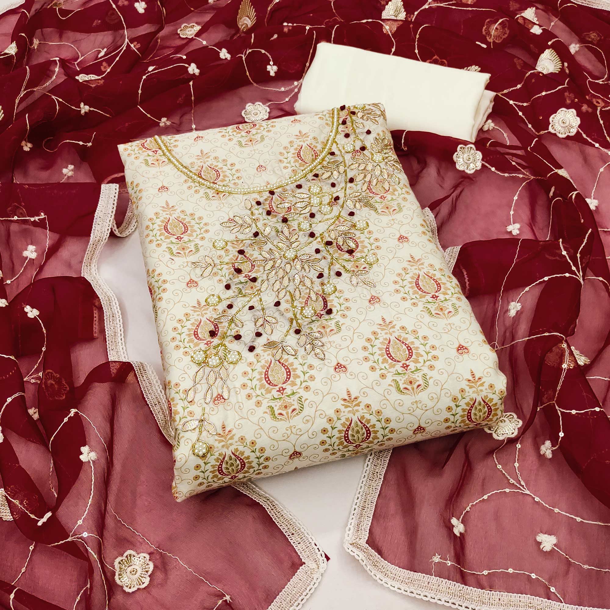Off White & Maroon Printed Chanderi Silk Dress Material