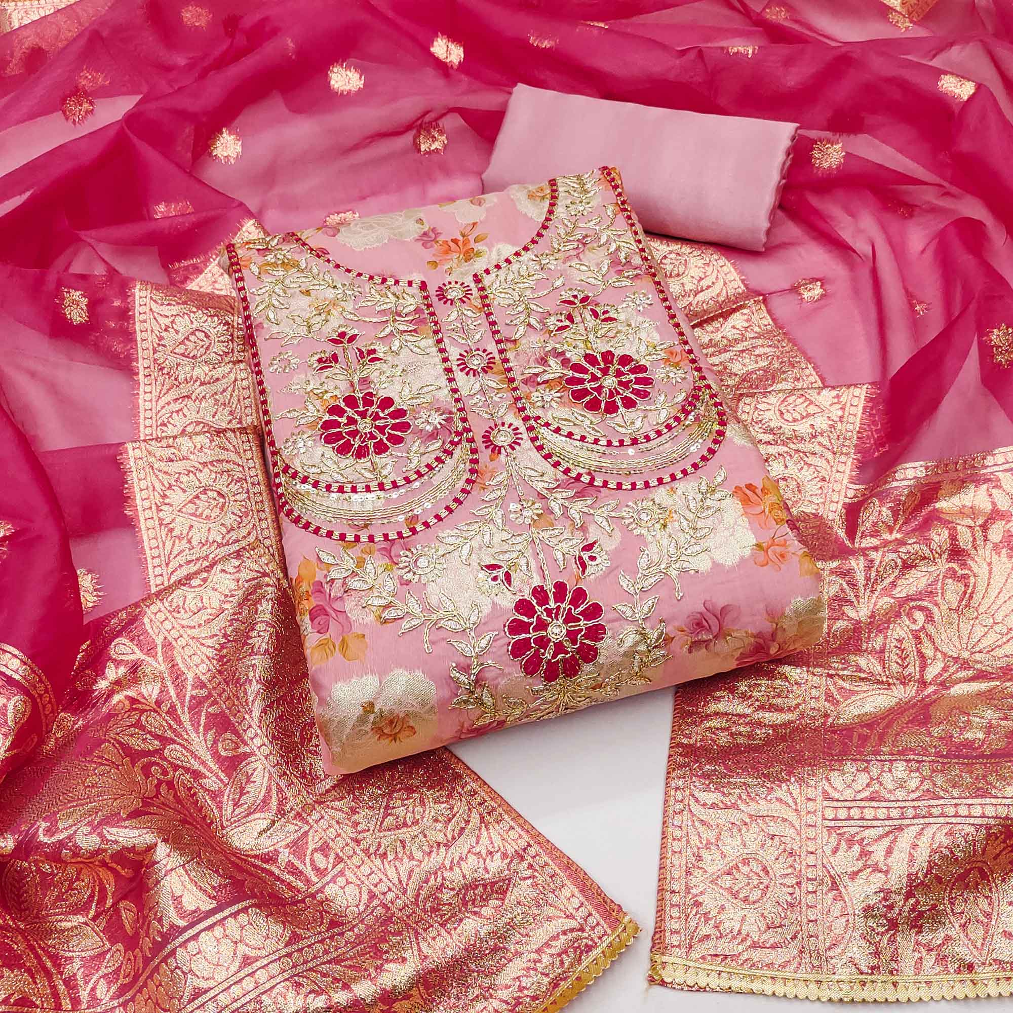 Pink Floral Woven Banarasi Silk Dress Material