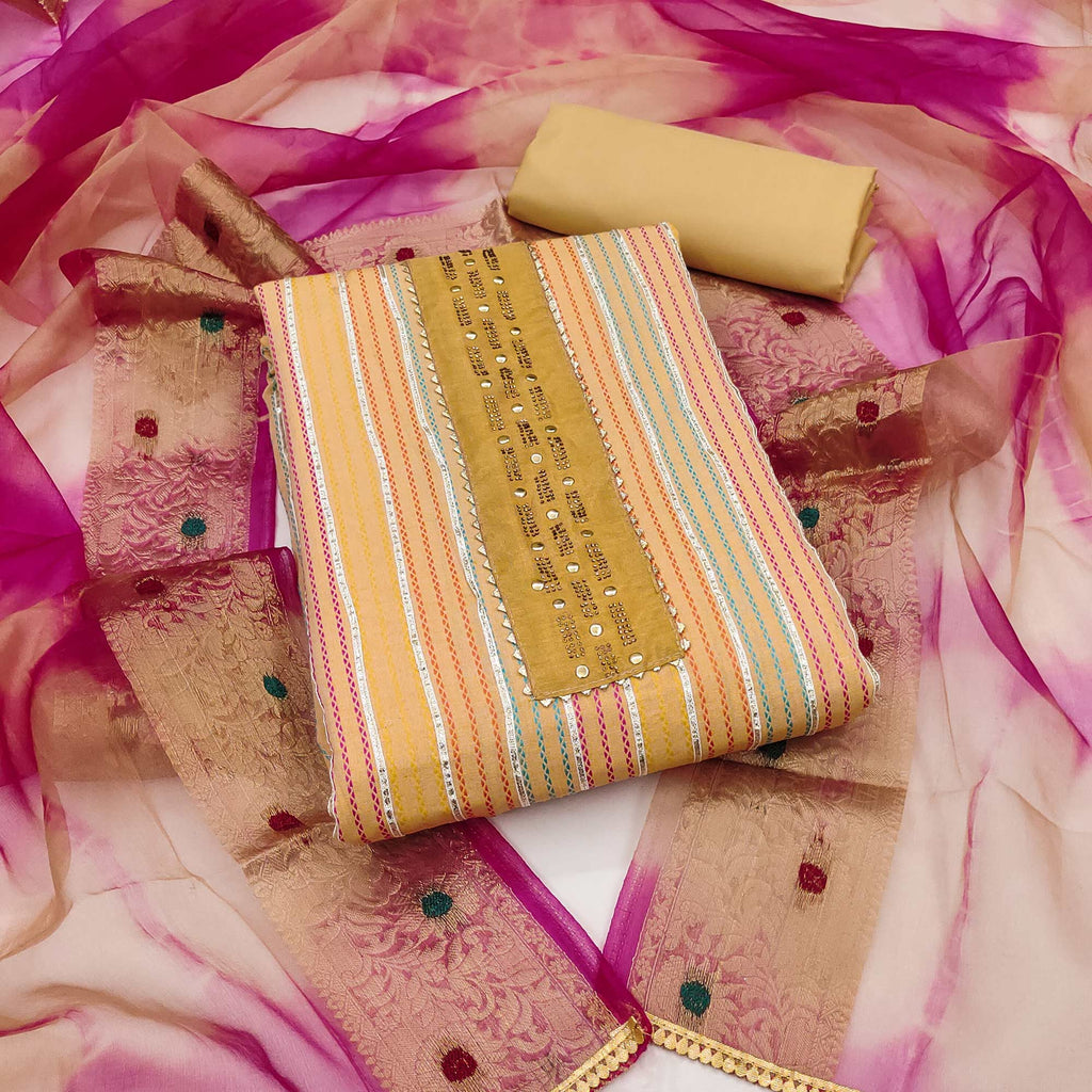 Beige Striped Woven Pure Cotton Dress Material