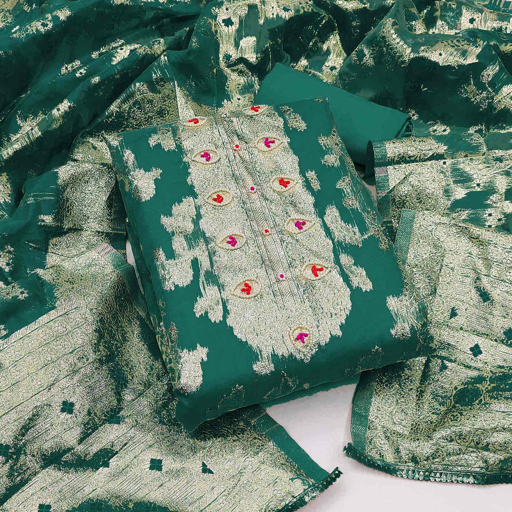 Morpich Green Woven Organza Dress Material