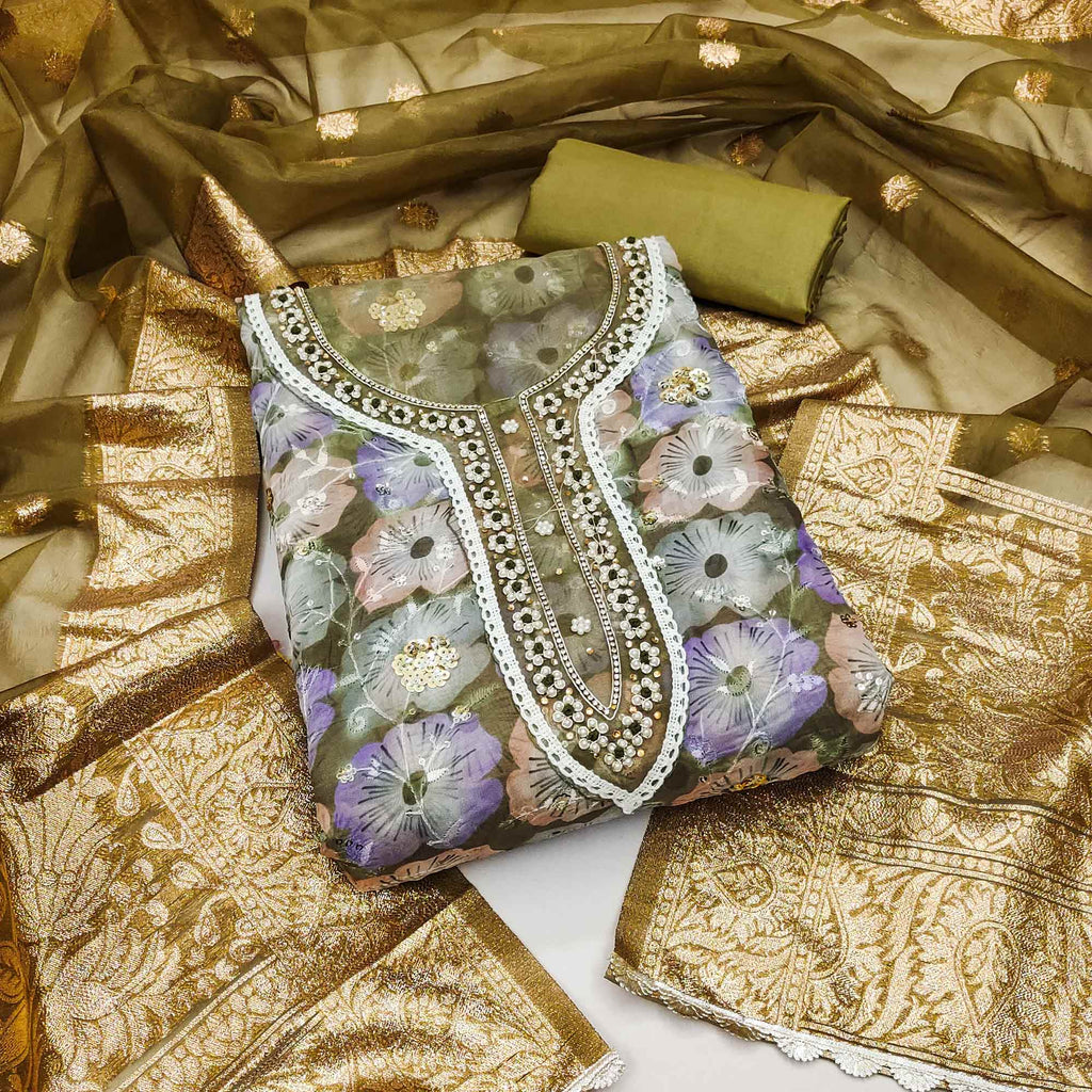 Olive Green Floral Printed With Embroidered Organza Dress Material