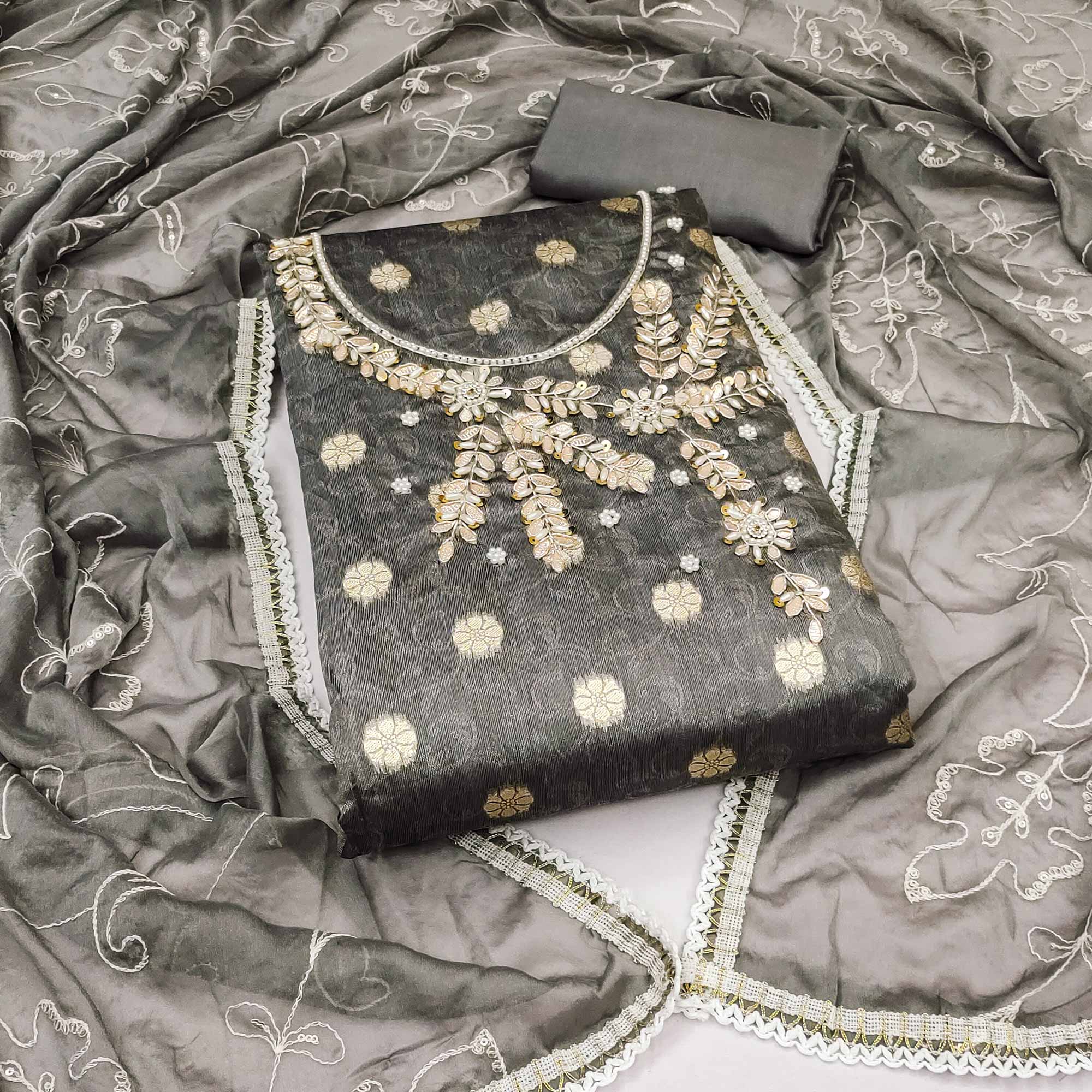 Grey Woven Banarasi Silk Dress Material