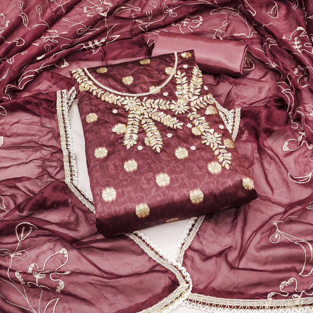 Maroon Woven Banarasi Silk Dress Material