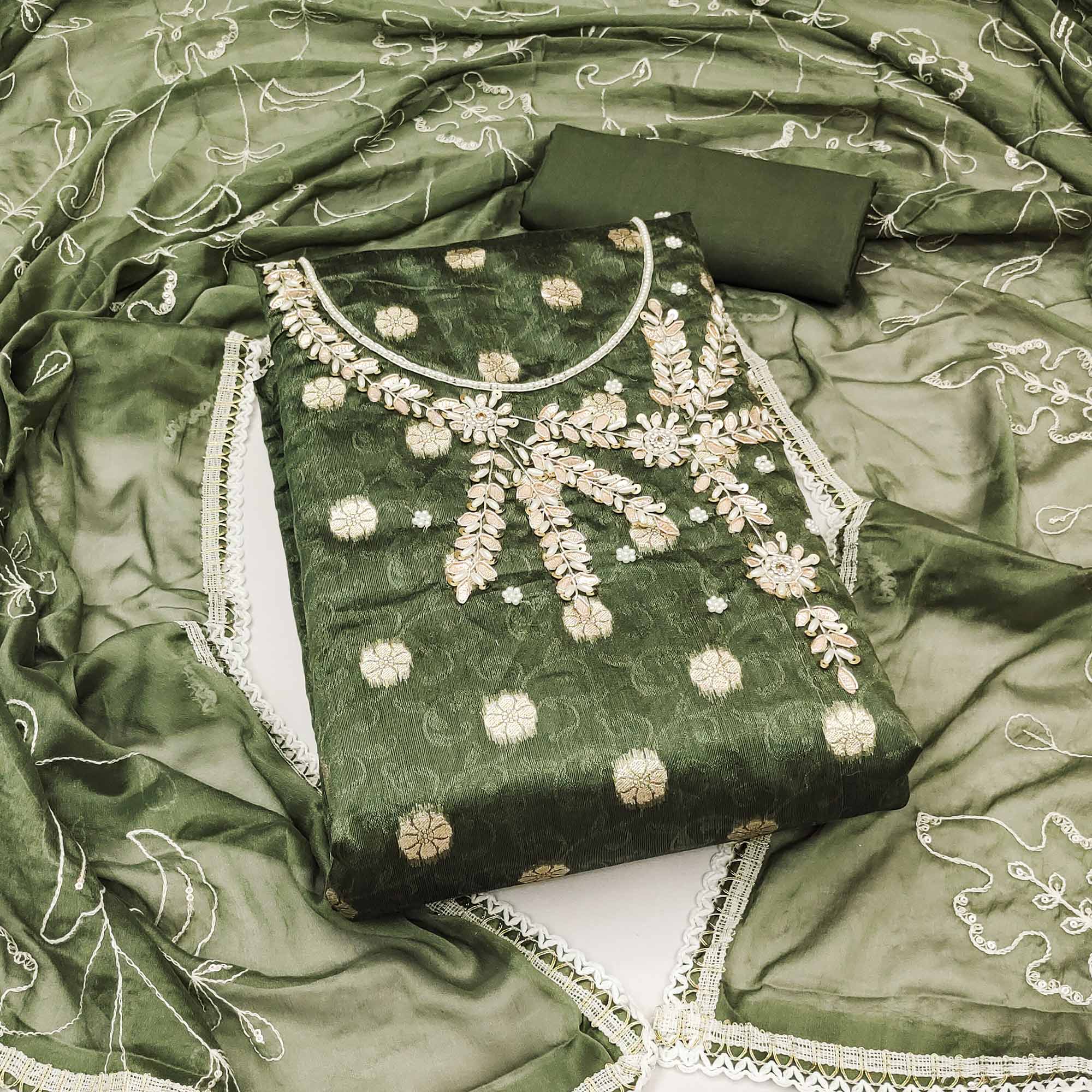 Mehandi Green Woven Banarasi Silk Dress Material