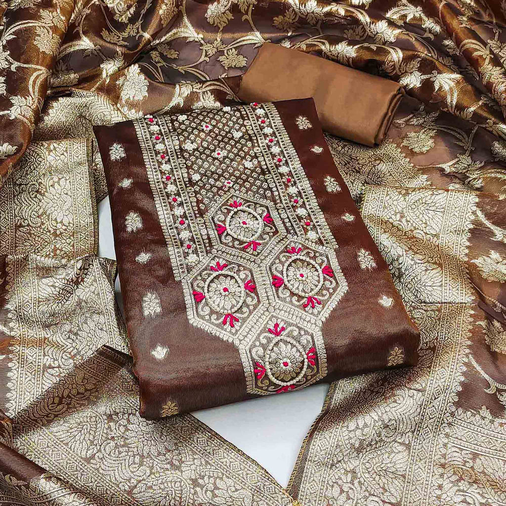 Brown Woven Banarasi Silk Dress Material