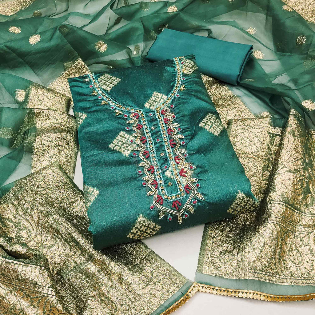 Morpich Green Woven Banarasi Silk Dress Material