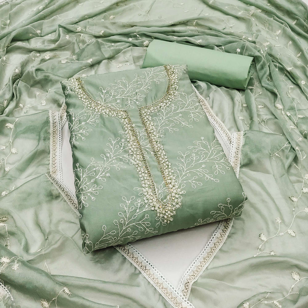 Dusty Green Embroidered Cotton Blend Dress Material