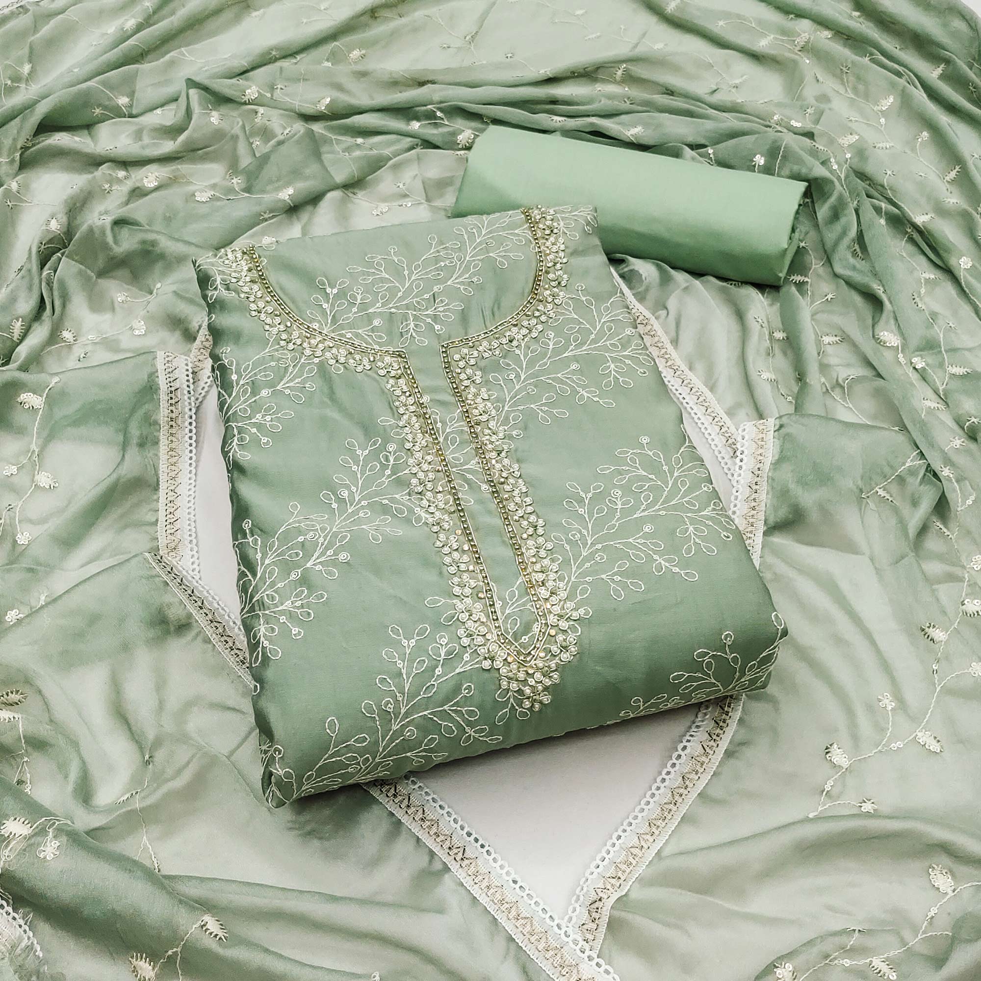 Dusty Green Embroidered Cotton Blend Dress Material