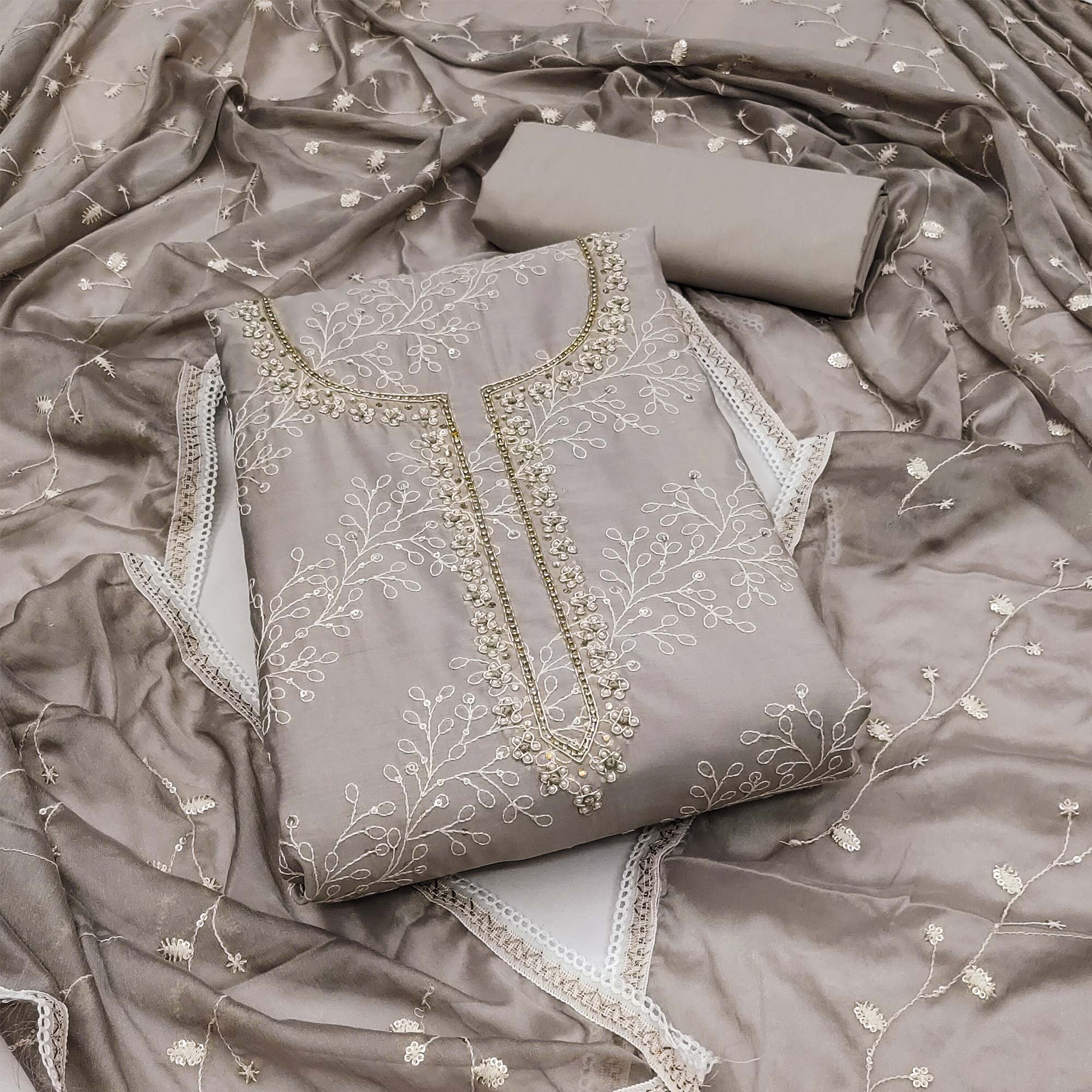 Grey Embroidered Cotton Blend Dress Material