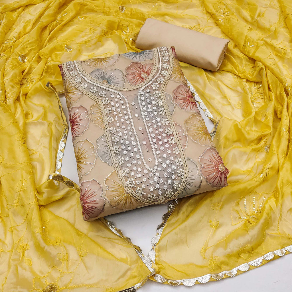 Chikoo Floral Hand Embroidered Organza Dress Material