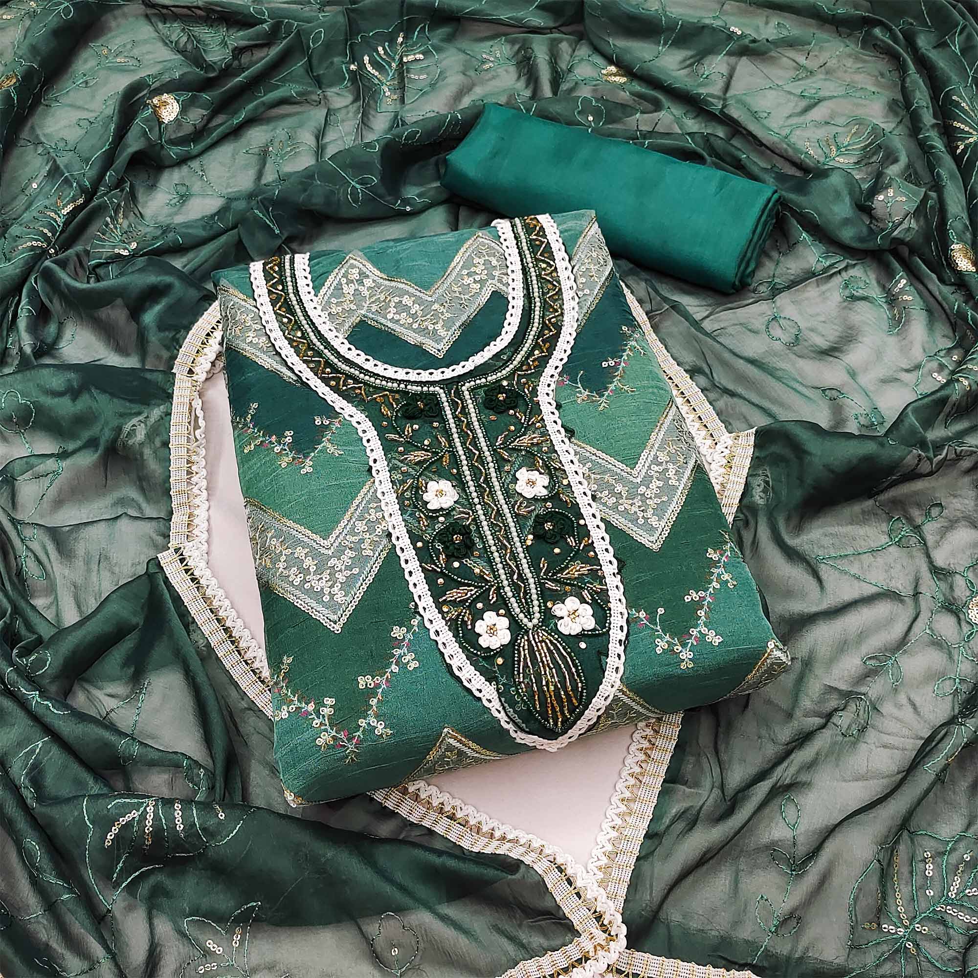 Green Sequins Embroidered With Handwork Organza Dress Material