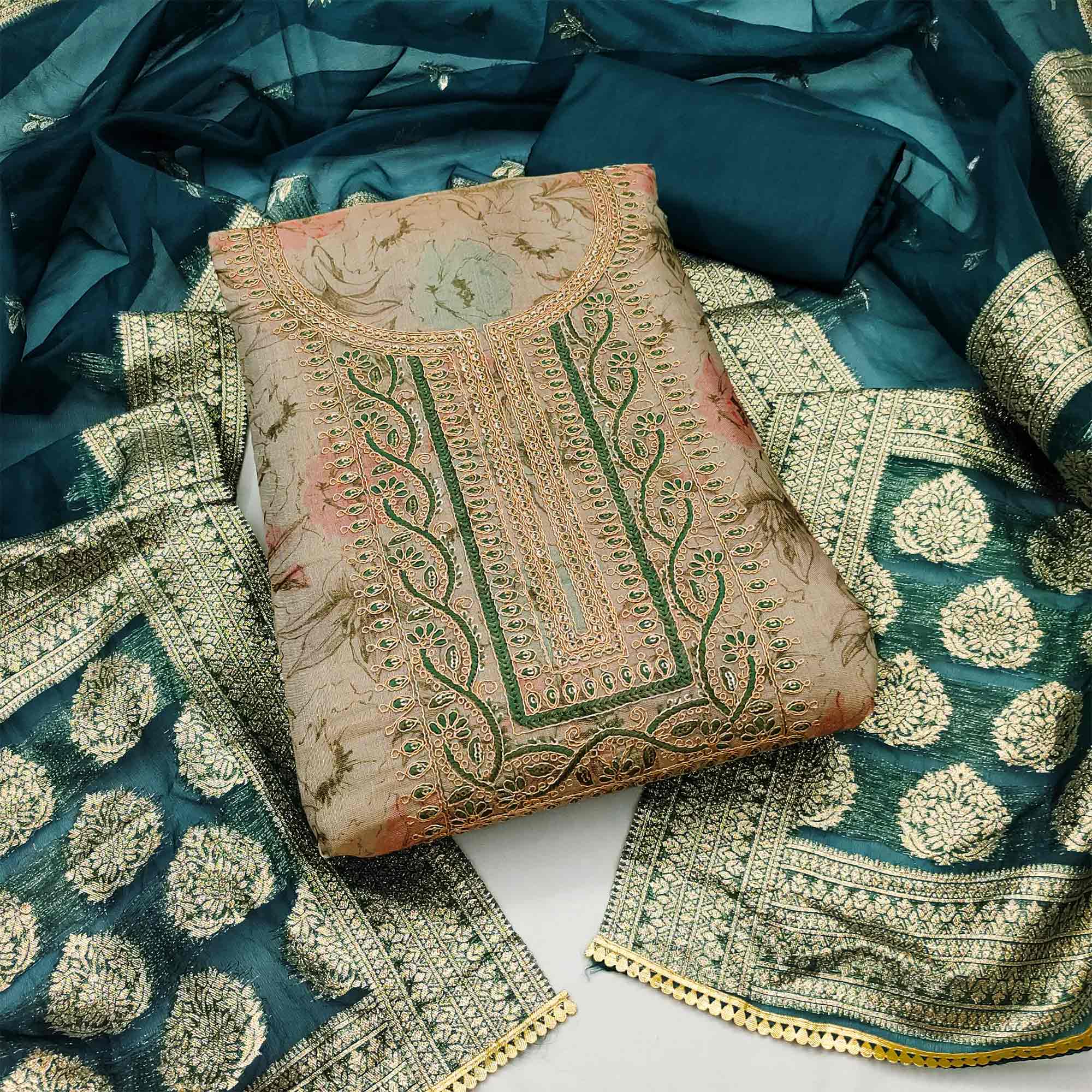 Beige Floral Digital Printed With Embroidery Viscose Dress Material