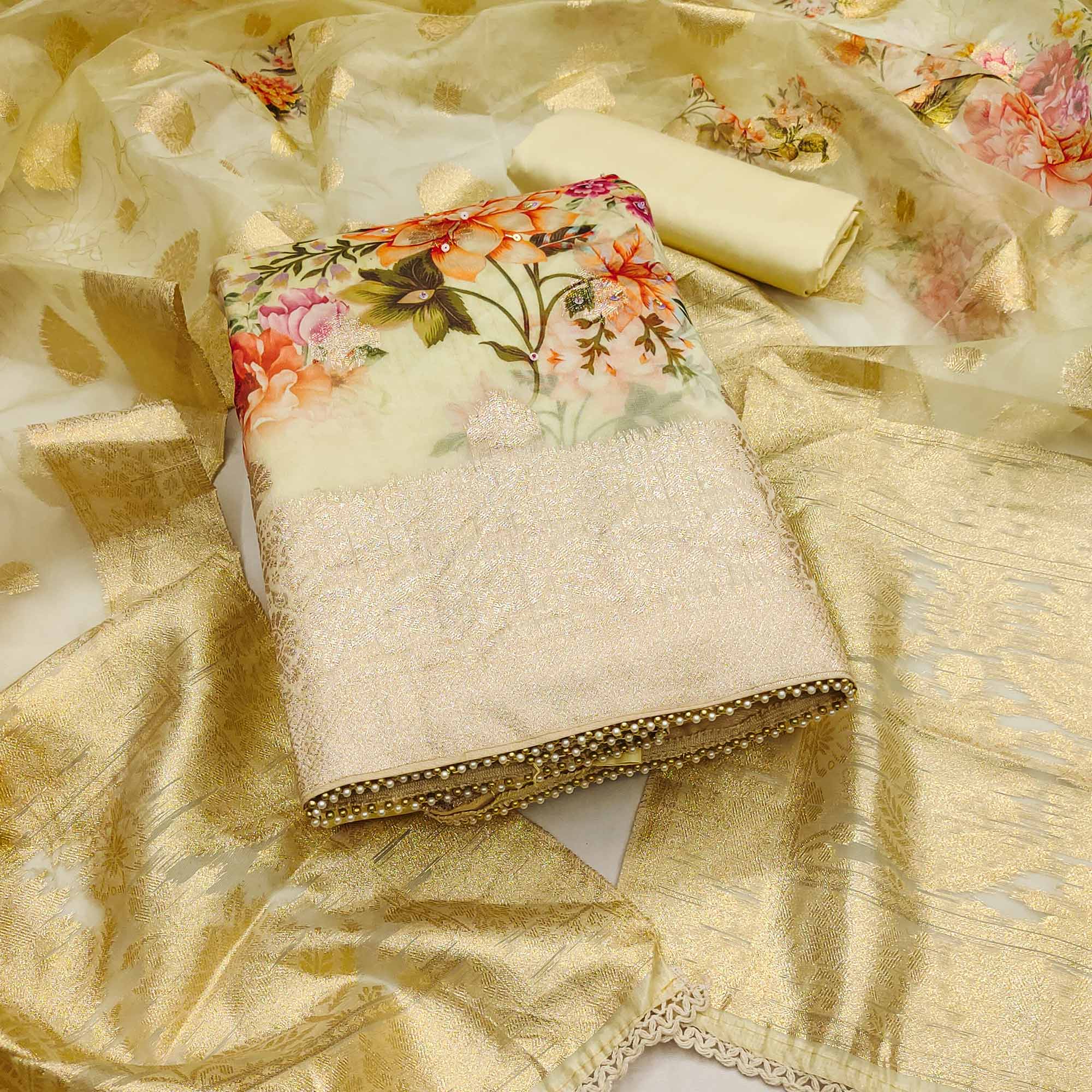 Light Yellow Woven With Digital Printed Organza Dress Material