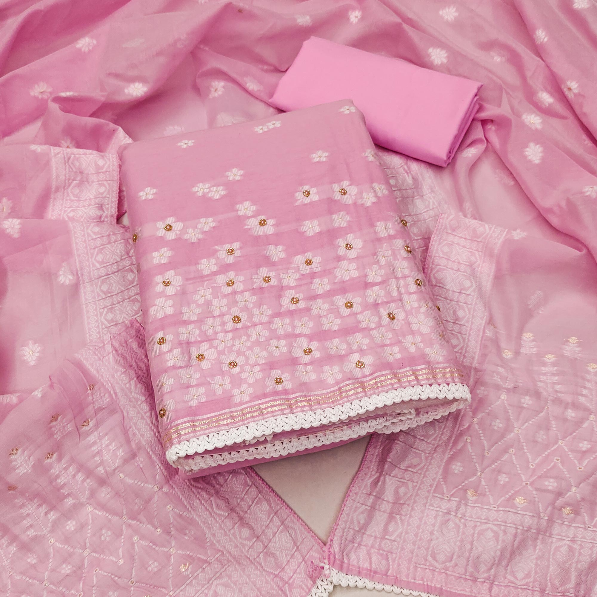 Pink Floral Woven With Hand Embroidered Muslin Dress Material