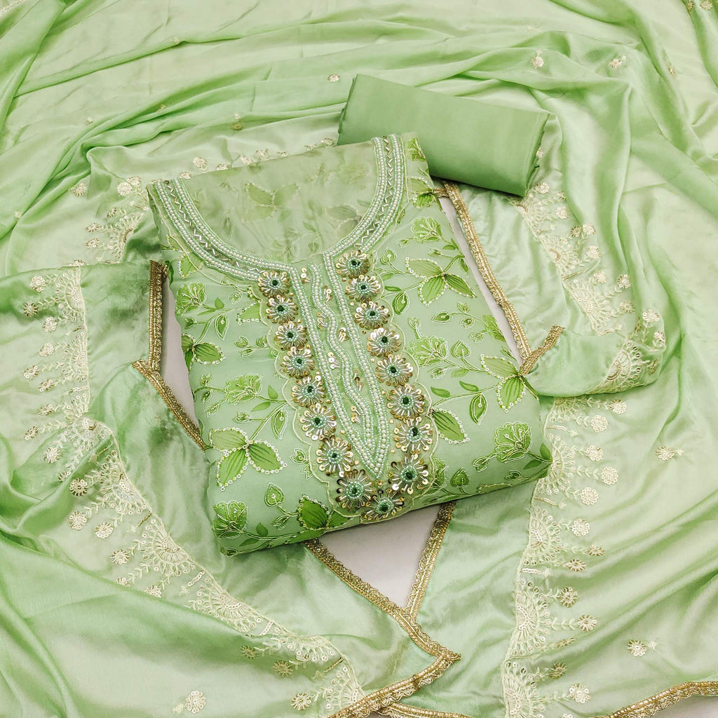 Green Floral Hand Embroidered Organza Dress Material