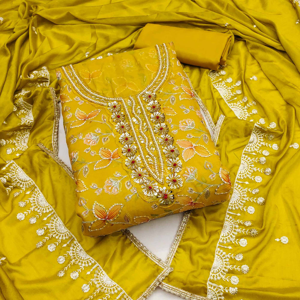 Mustard Floral Hand Embroidered Organza Dress Material