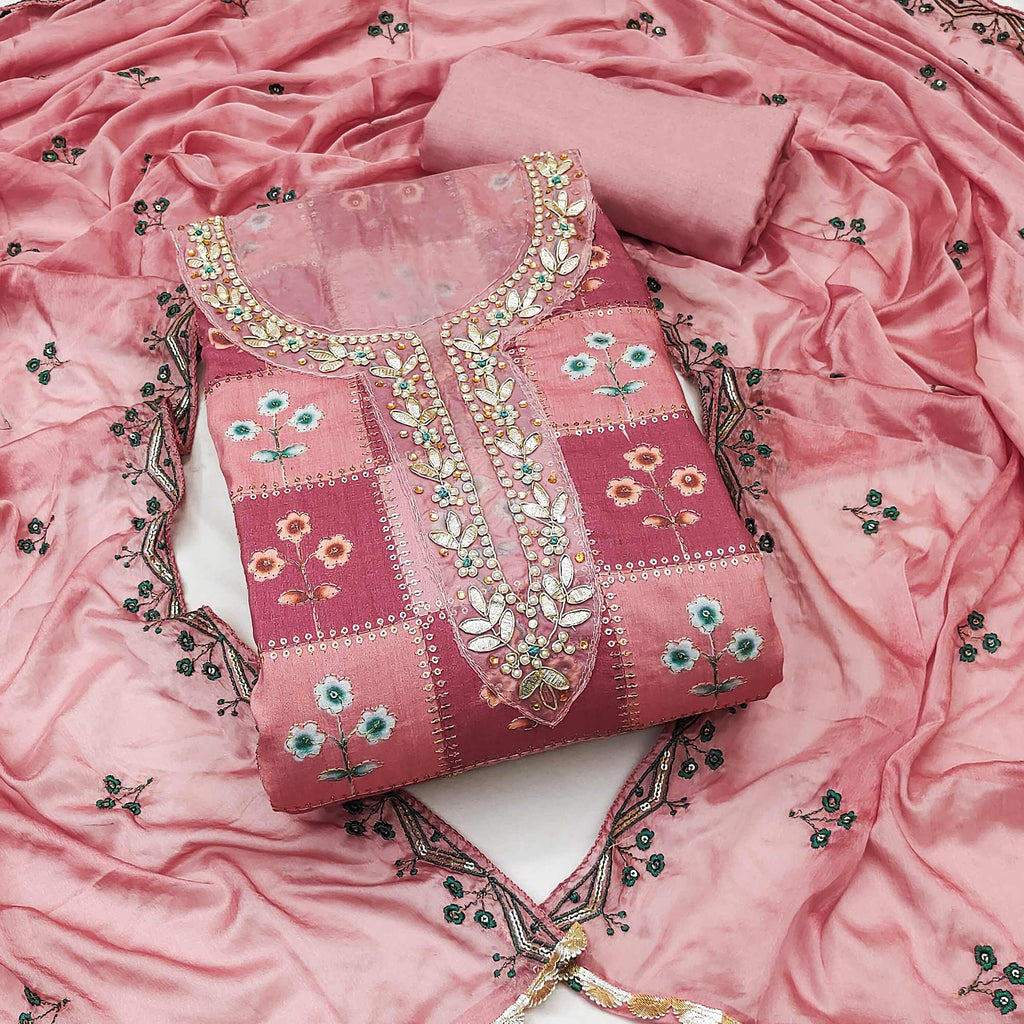 Peach Floral Hand Embroidered Muslin Dress Material