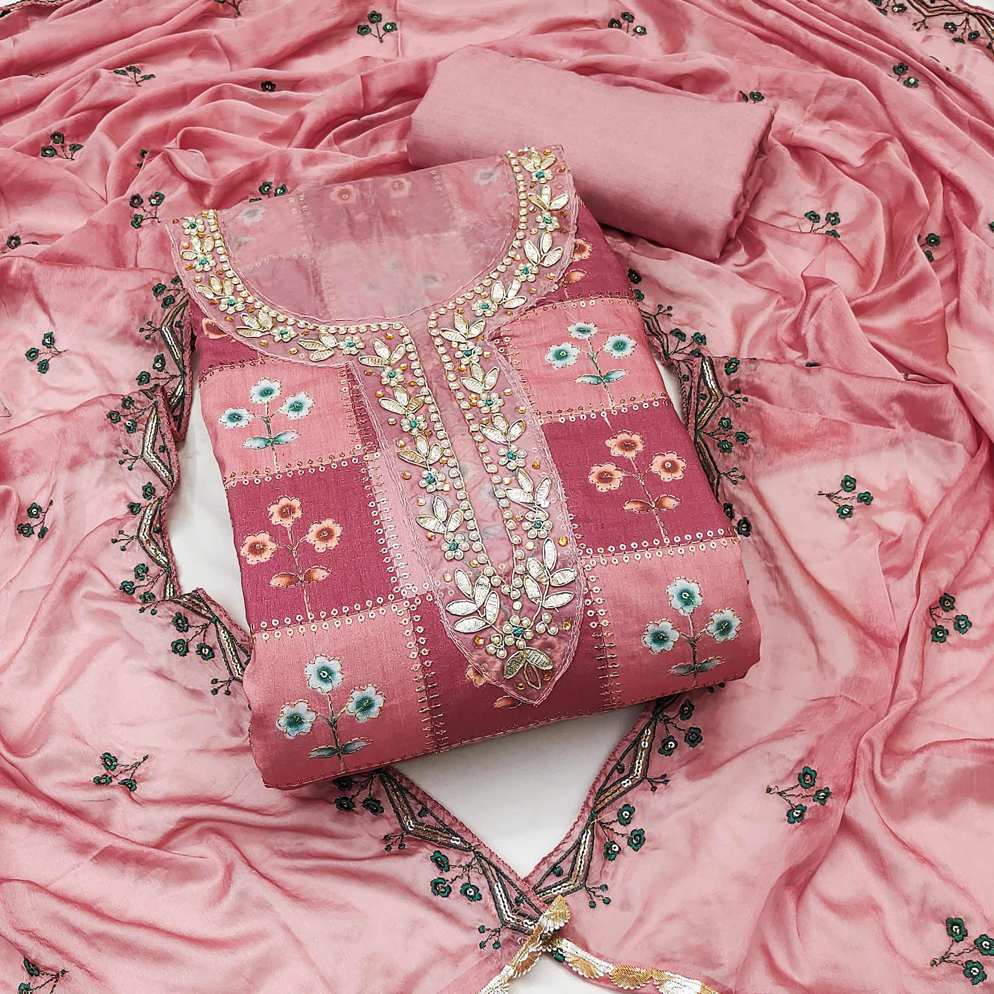 Peach Floral Hand Embroidered Muslin Dress Material