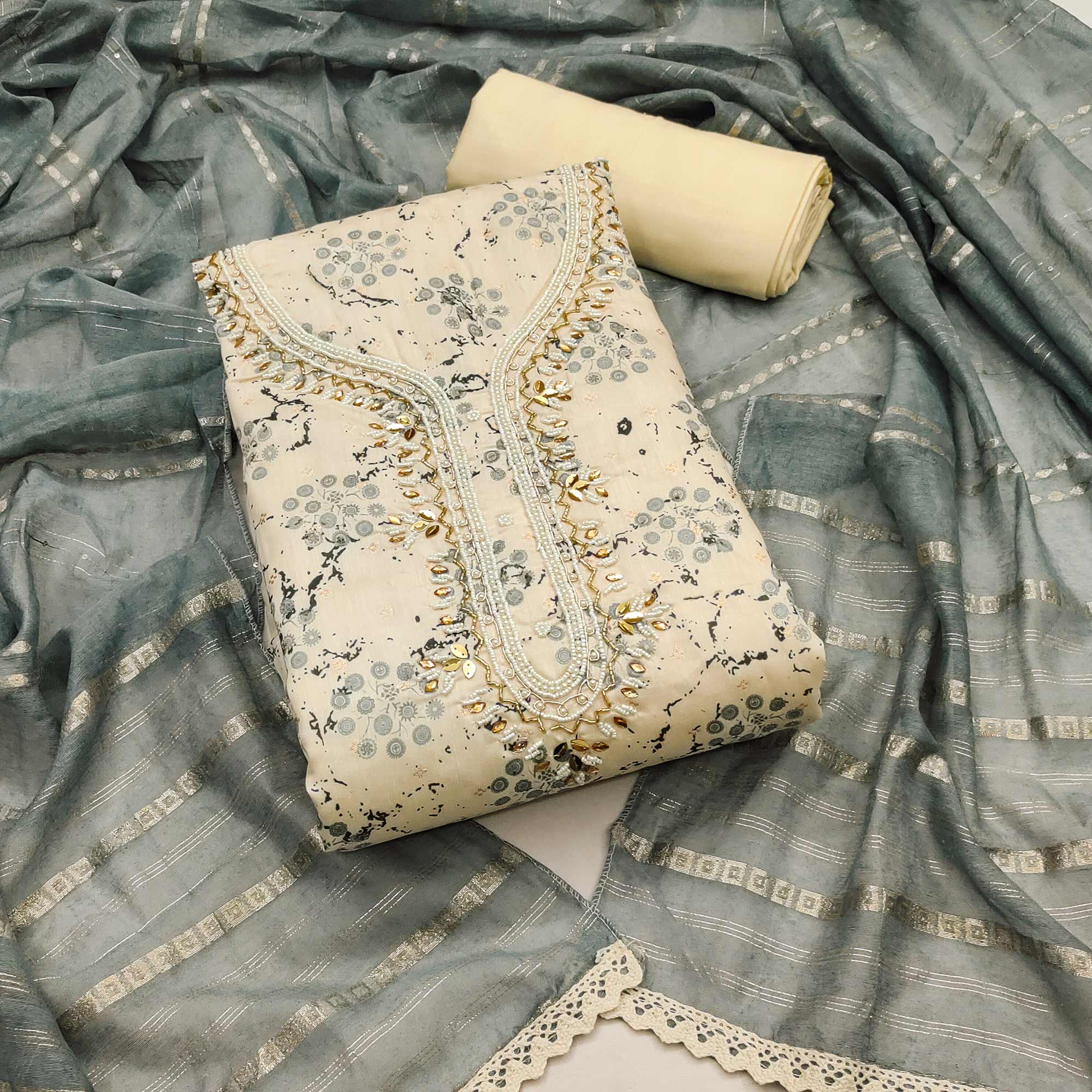 Cream & Light Grey Digital Printed With Hand Embroidered Muslin Dress Material