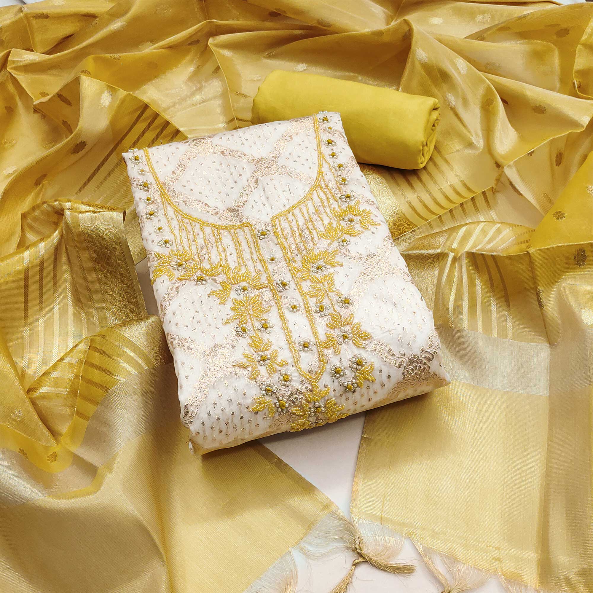 Off white & Yellow Woven With Handwork Muslin Dress Material