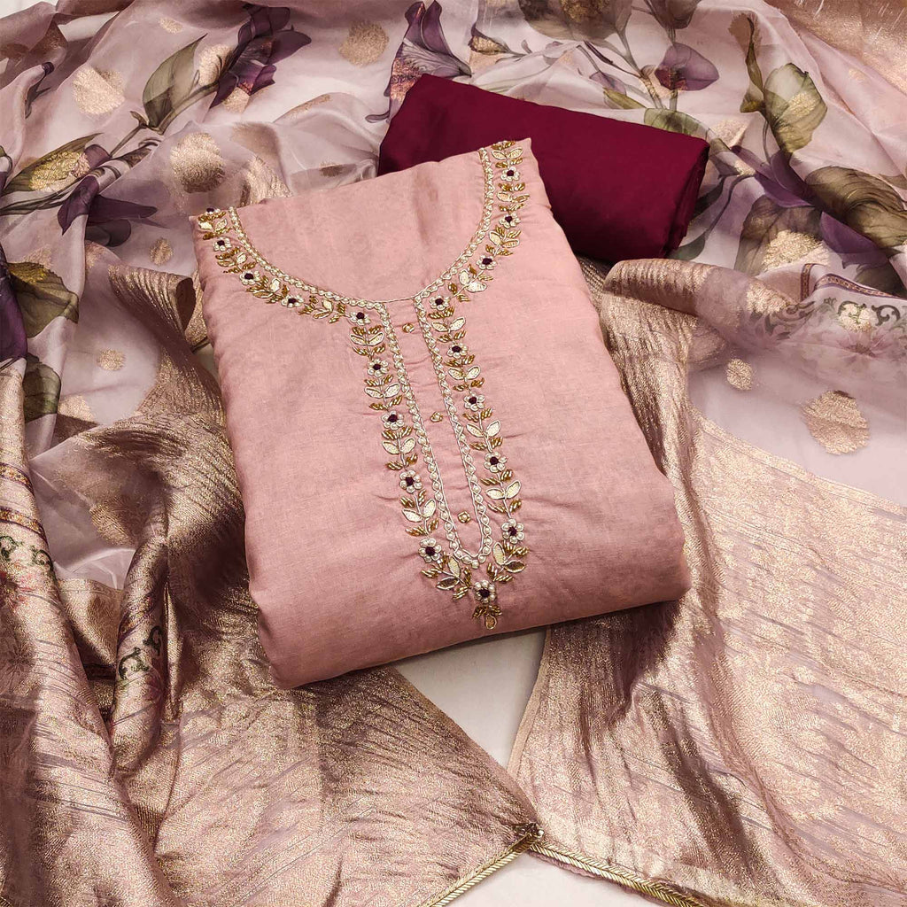 Peach Floral Digital Printed With Handwork Pure Cotton Dress Material