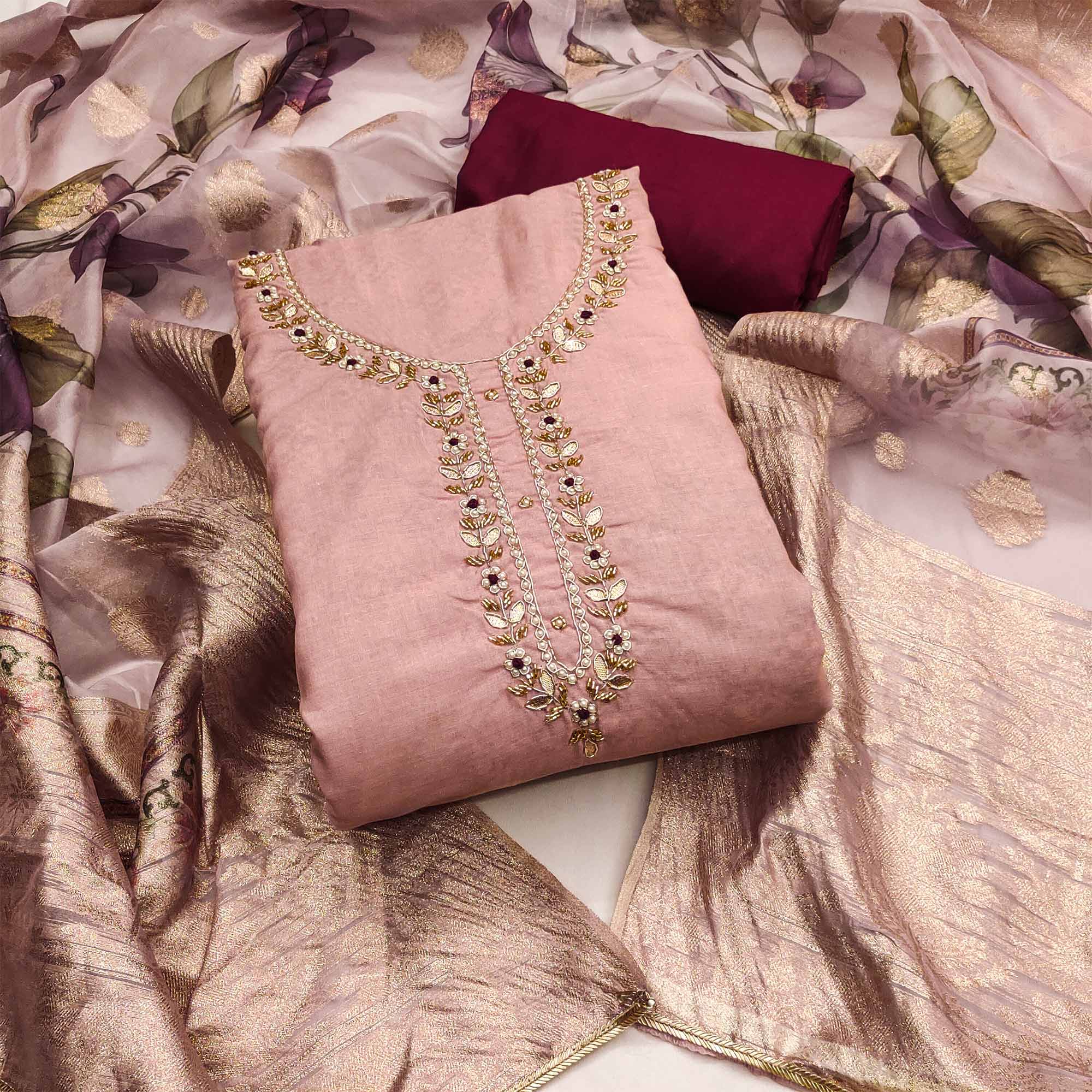 Peach Floral Digital Printed With Handwork Pure Cotton Dress Material