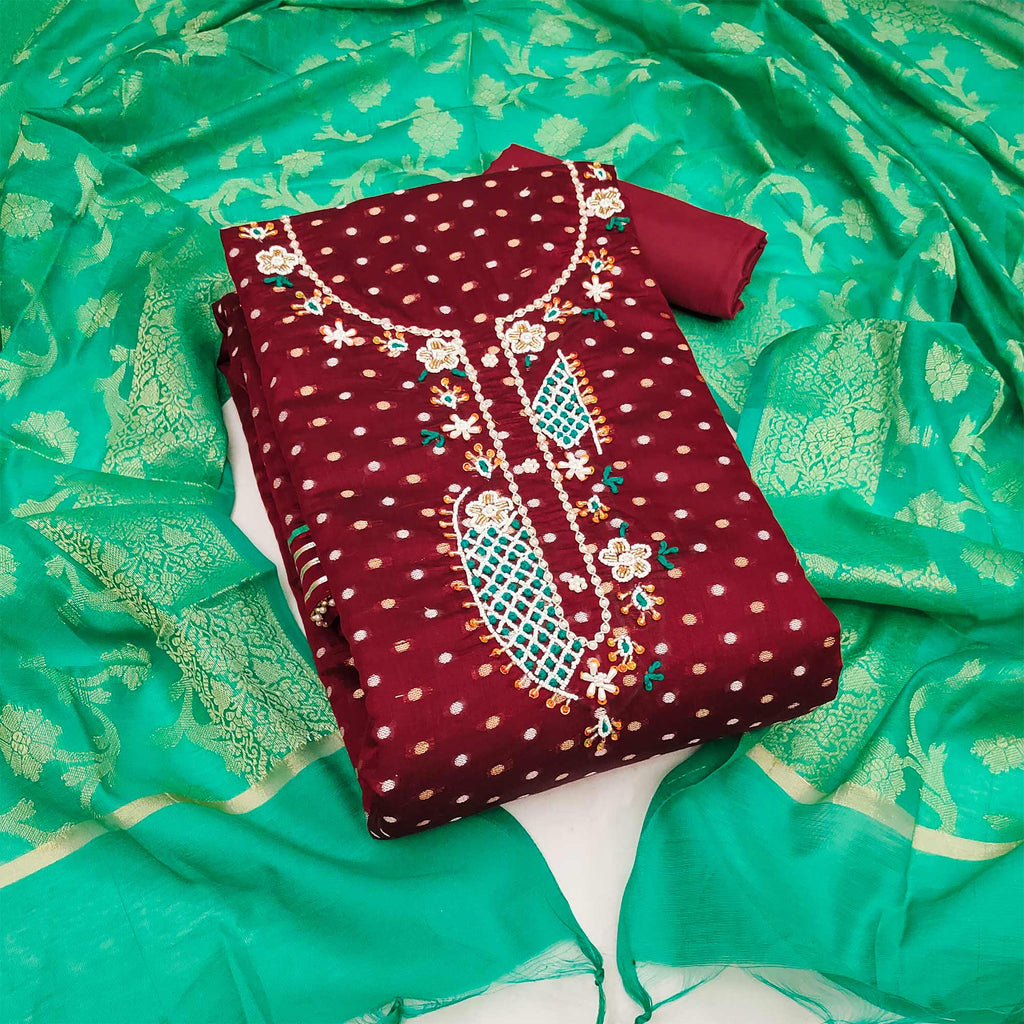 Maroon Woven With Hand Embroidery Chanderi Dress Material