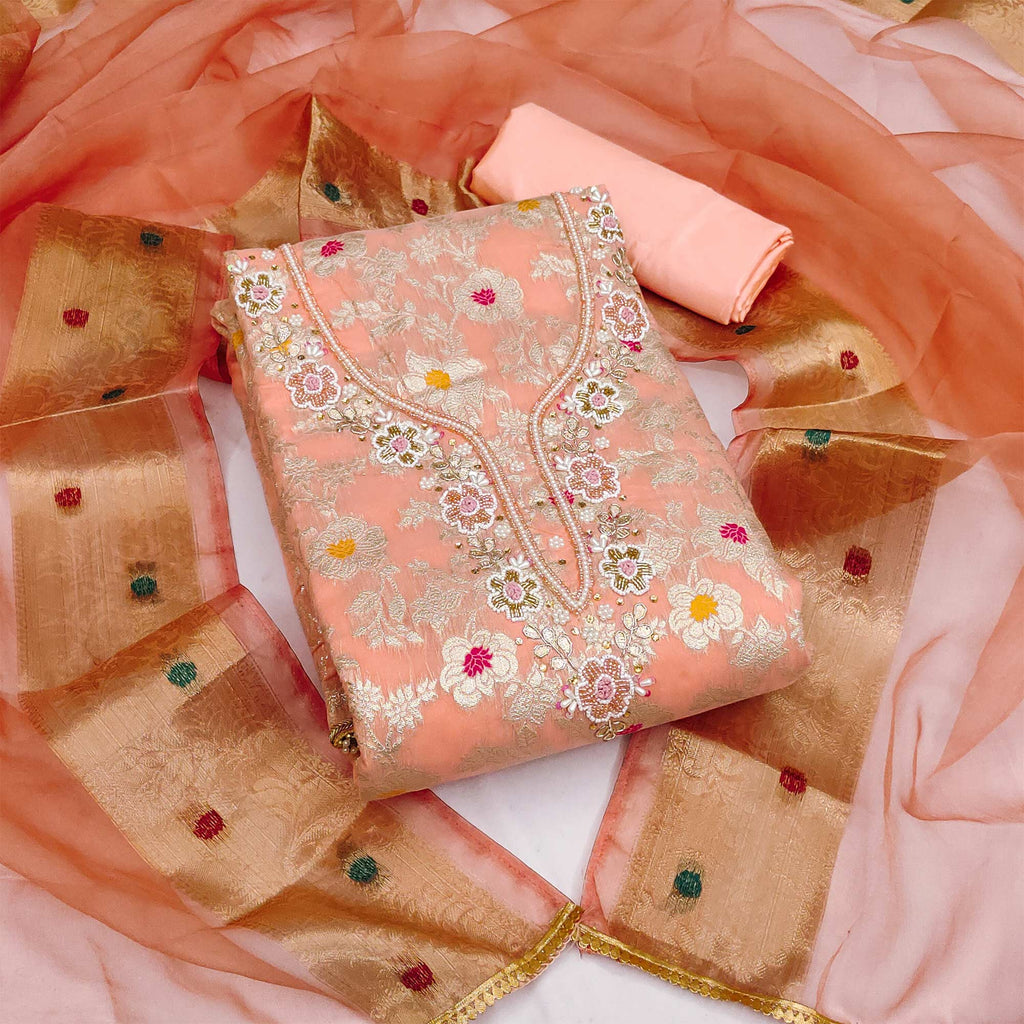 Peach Floral Woven With Hand Embroidery Muslin Dress Material