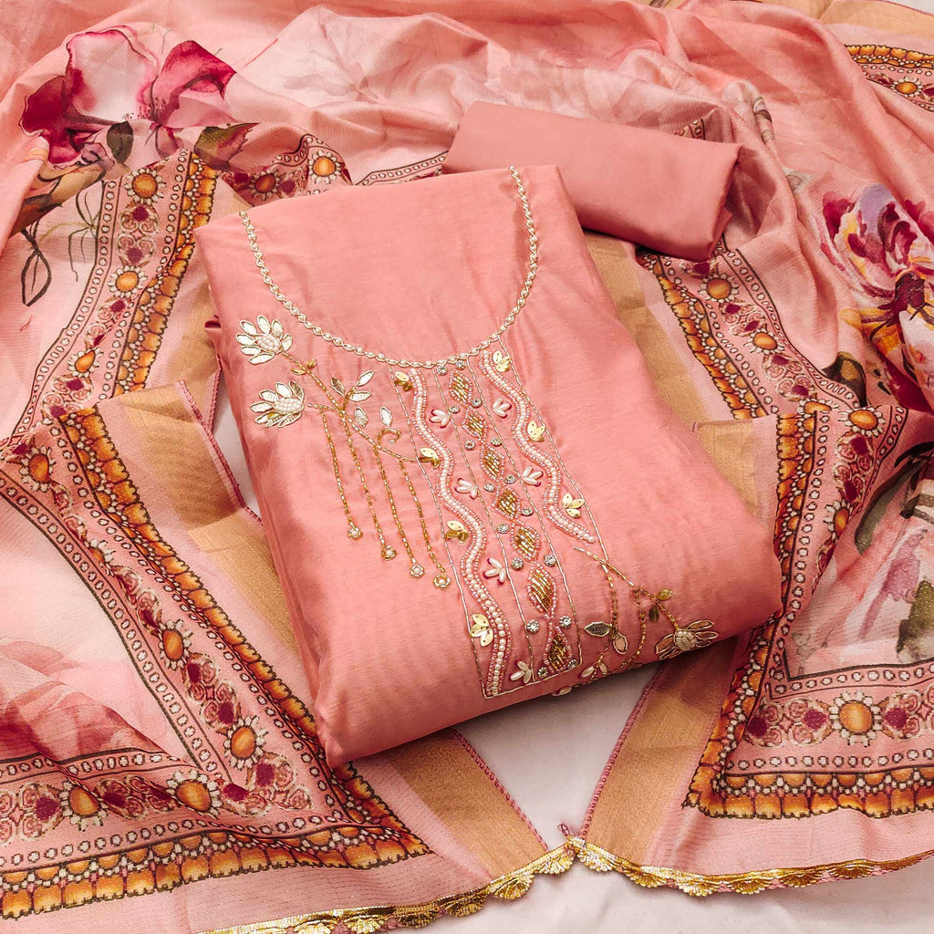 Peach Floral Hand Embroidery Chanderi Dress Material