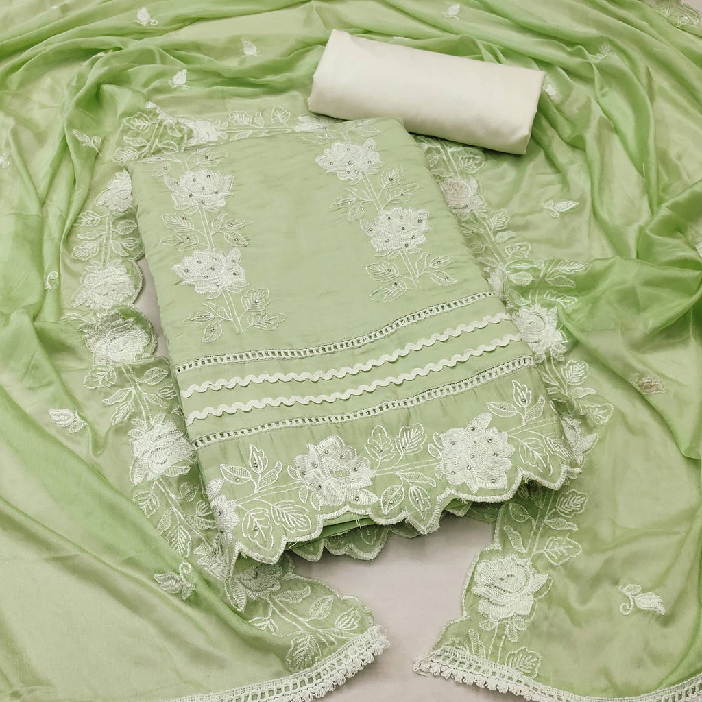 Green Floral Stone Embroidered Cotton Silk Dress Material