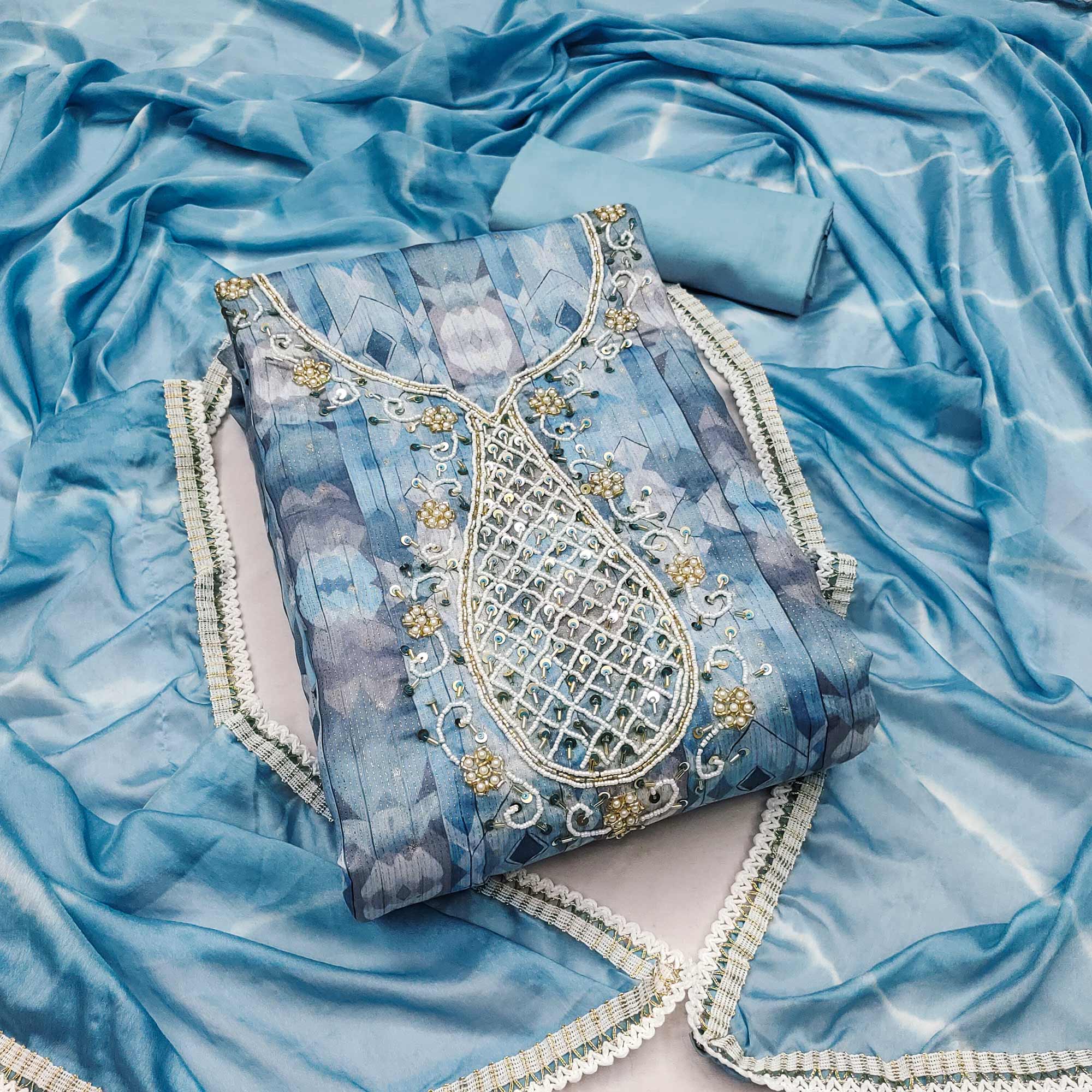 Blue Digital Printed With Hand Embroidery Chanderi Dress Material