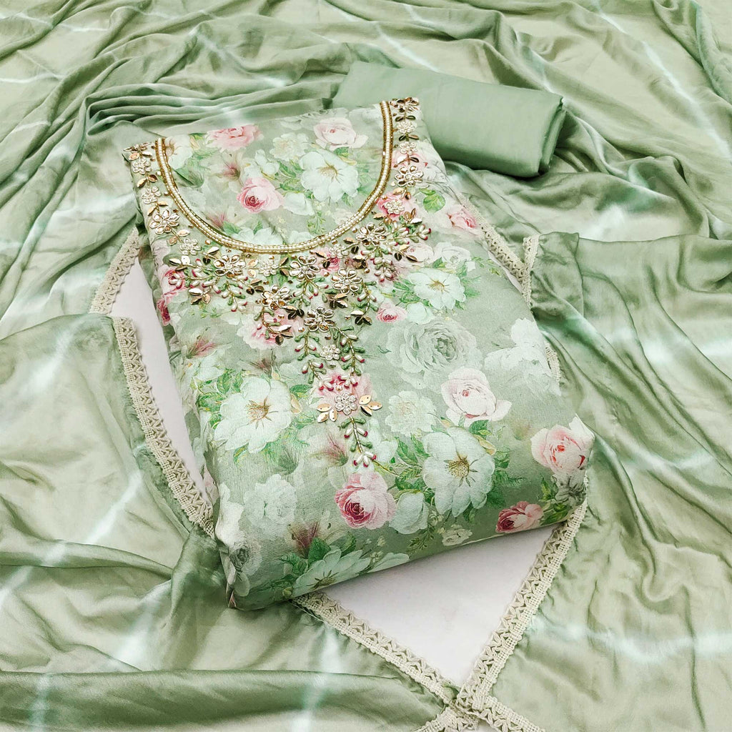 Green Floral Digital Printed With Hand Embroidery Muslin Dress Material