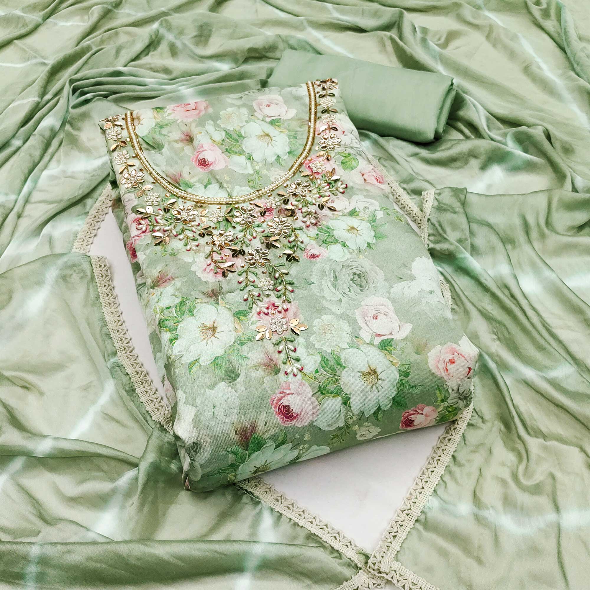 Green Floral Digital Printed With Hand Embroidery Muslin Dress Material