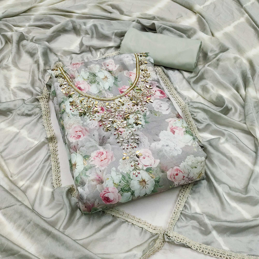 Grey Floral Digital Printed With Hand Embroidery Muslin Dress Material