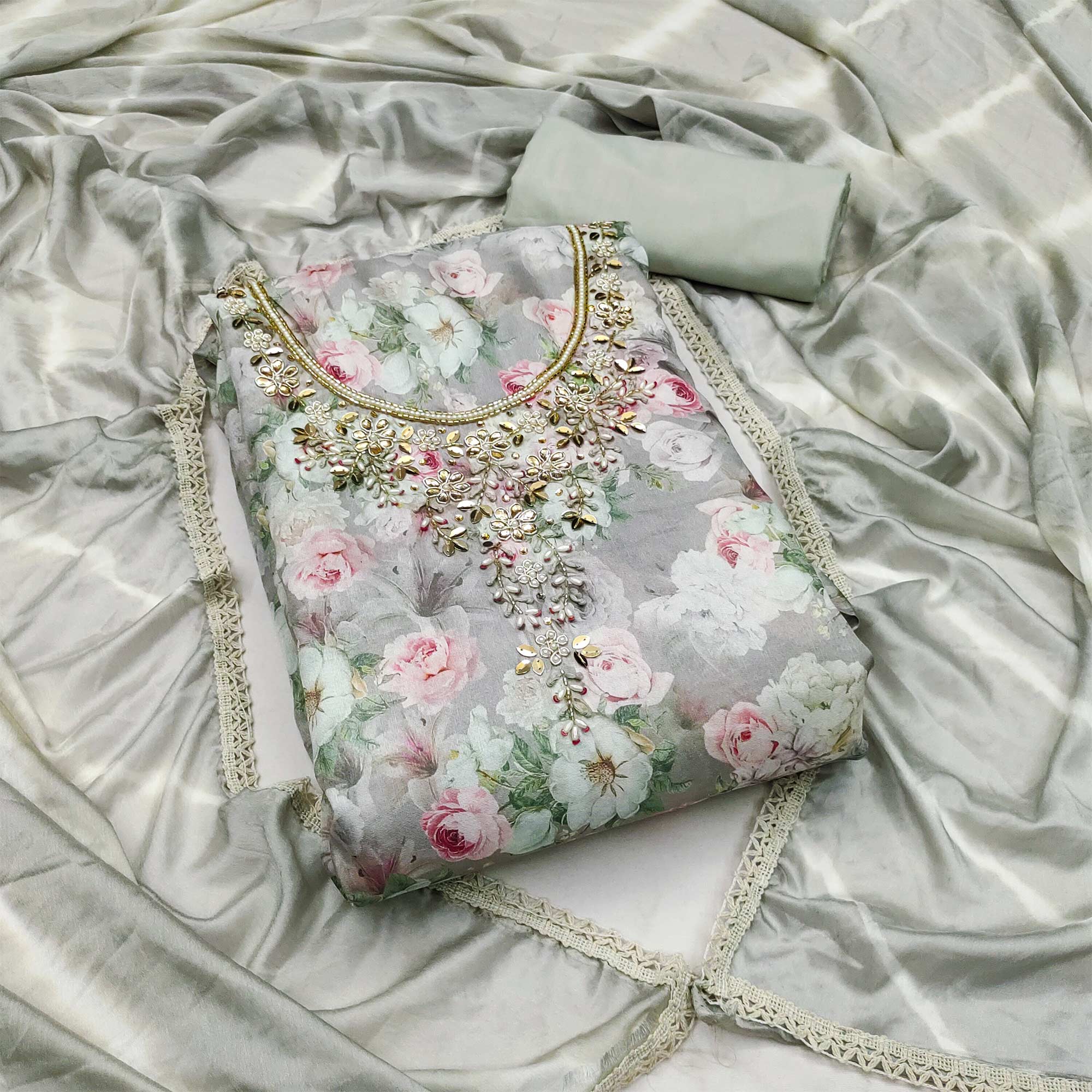 Grey Floral Digital Printed With Hand Embroidery Muslin Dress Material