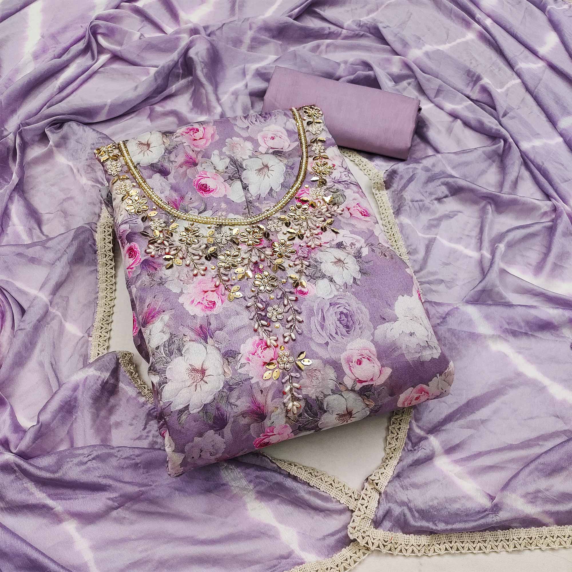 Lavender Floral Digital Printed With Hand Embroidery Muslin Dress Material
