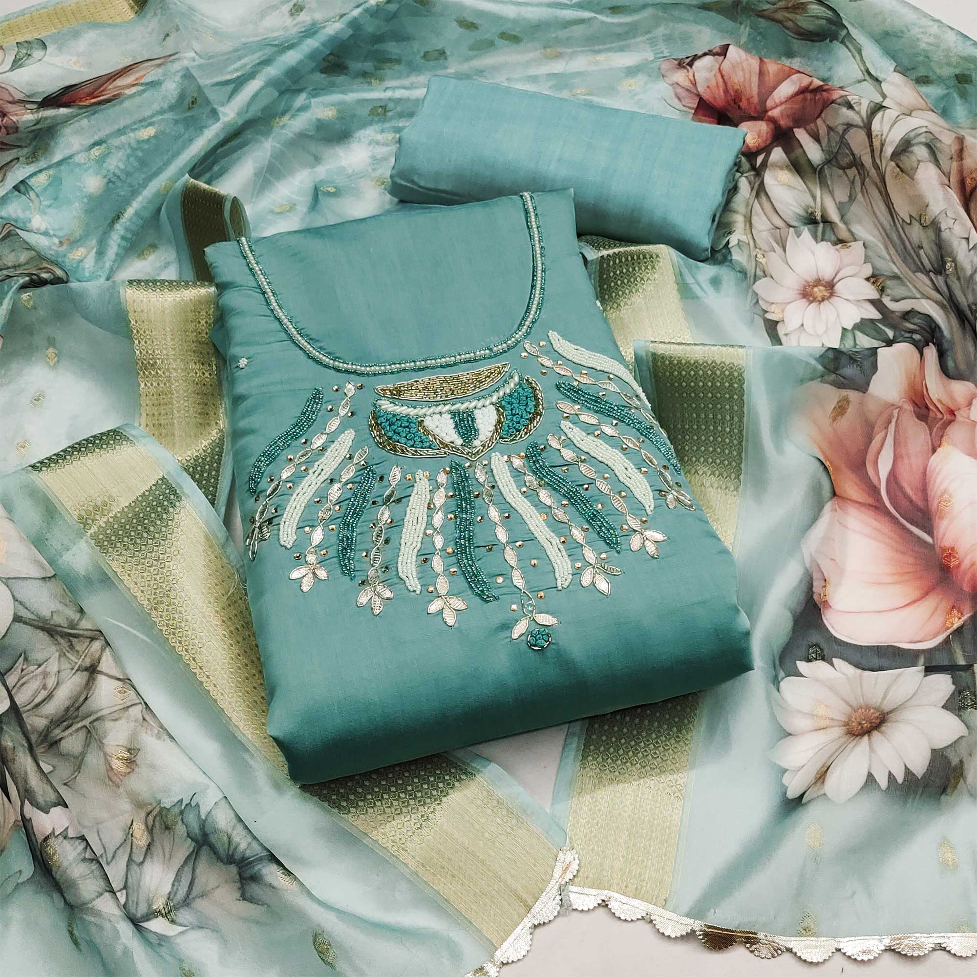 Blue Hand Embroidered Cotton Silk Dress Material