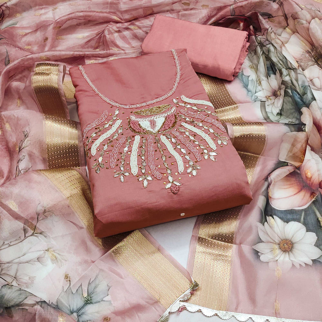 Peach Hand Embroidered Cotton Silk Dress Material