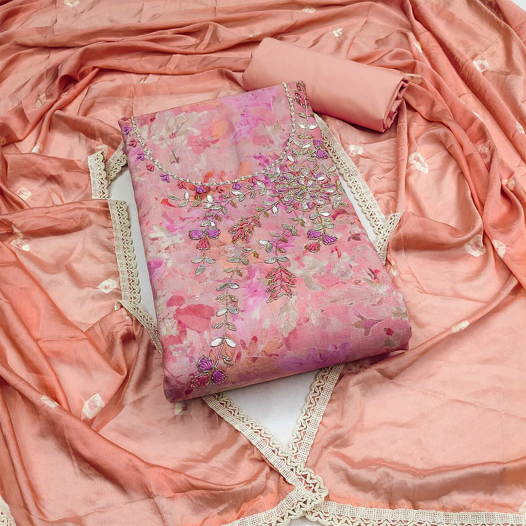 Peach Printed With Hand Embroidery Pure Cotton Dress Material