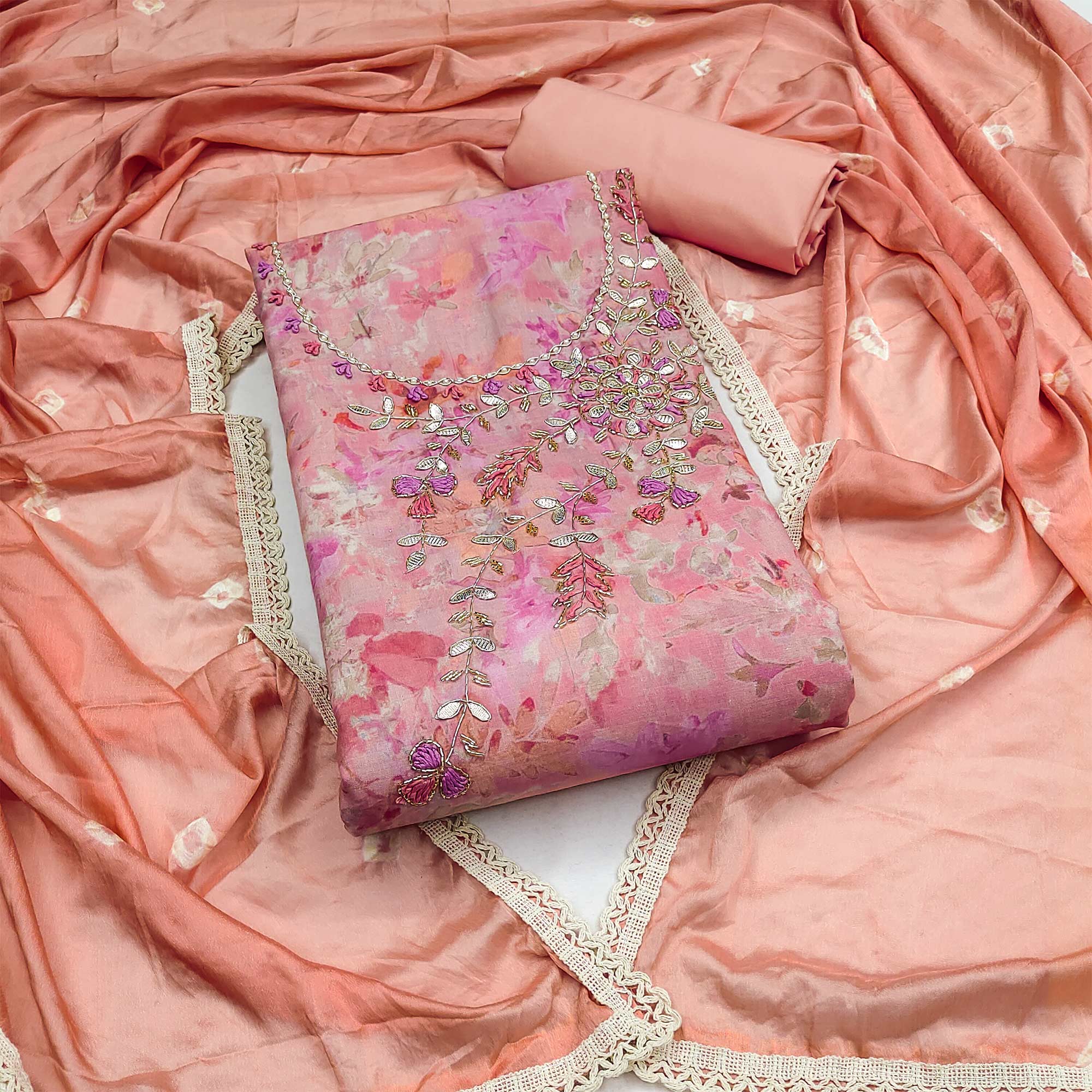 Peach Printed With Hand Embroidery Pure Cotton Dress Material