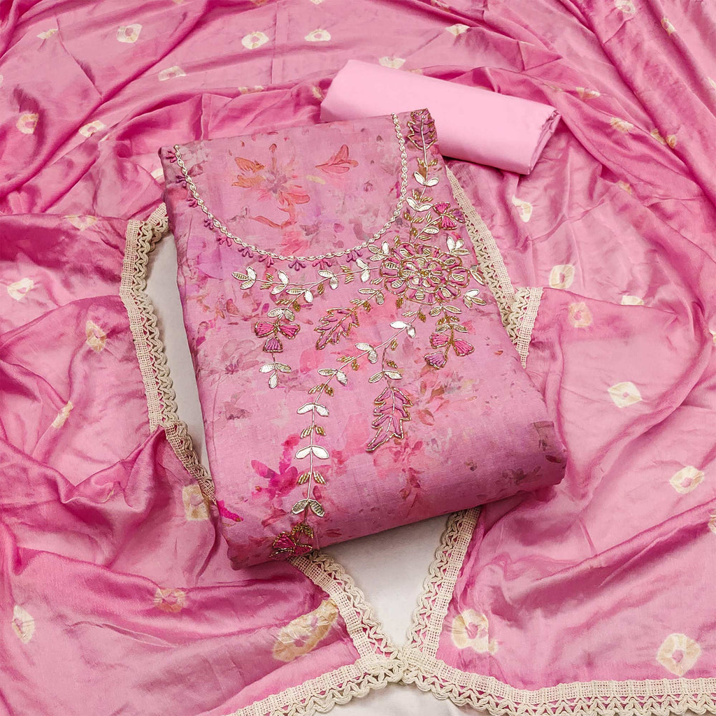 Pink Printed With Hand Embroidery Pure Cotton Dress Material