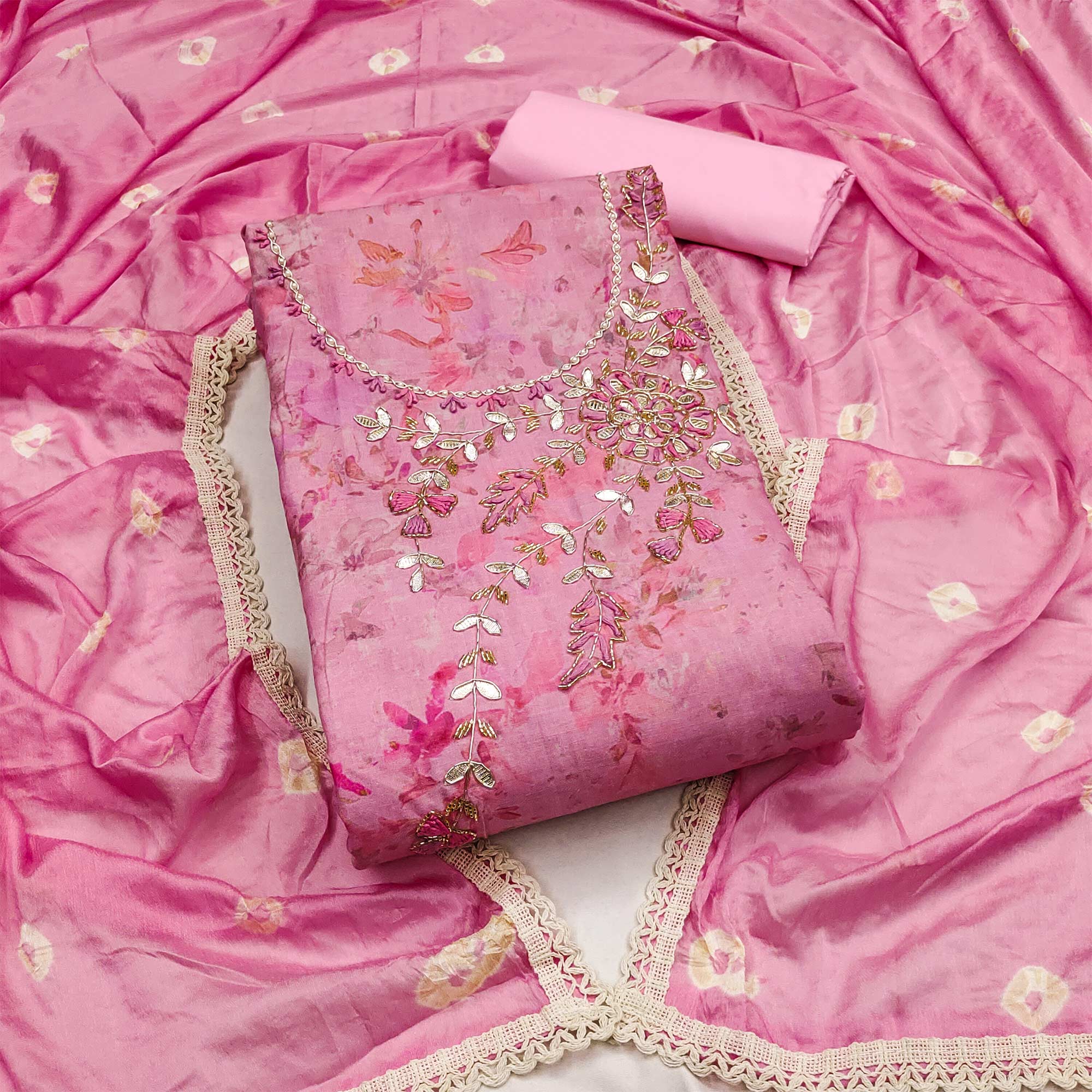 Pink Printed With Hand Embroidery Pure Cotton Dress Material