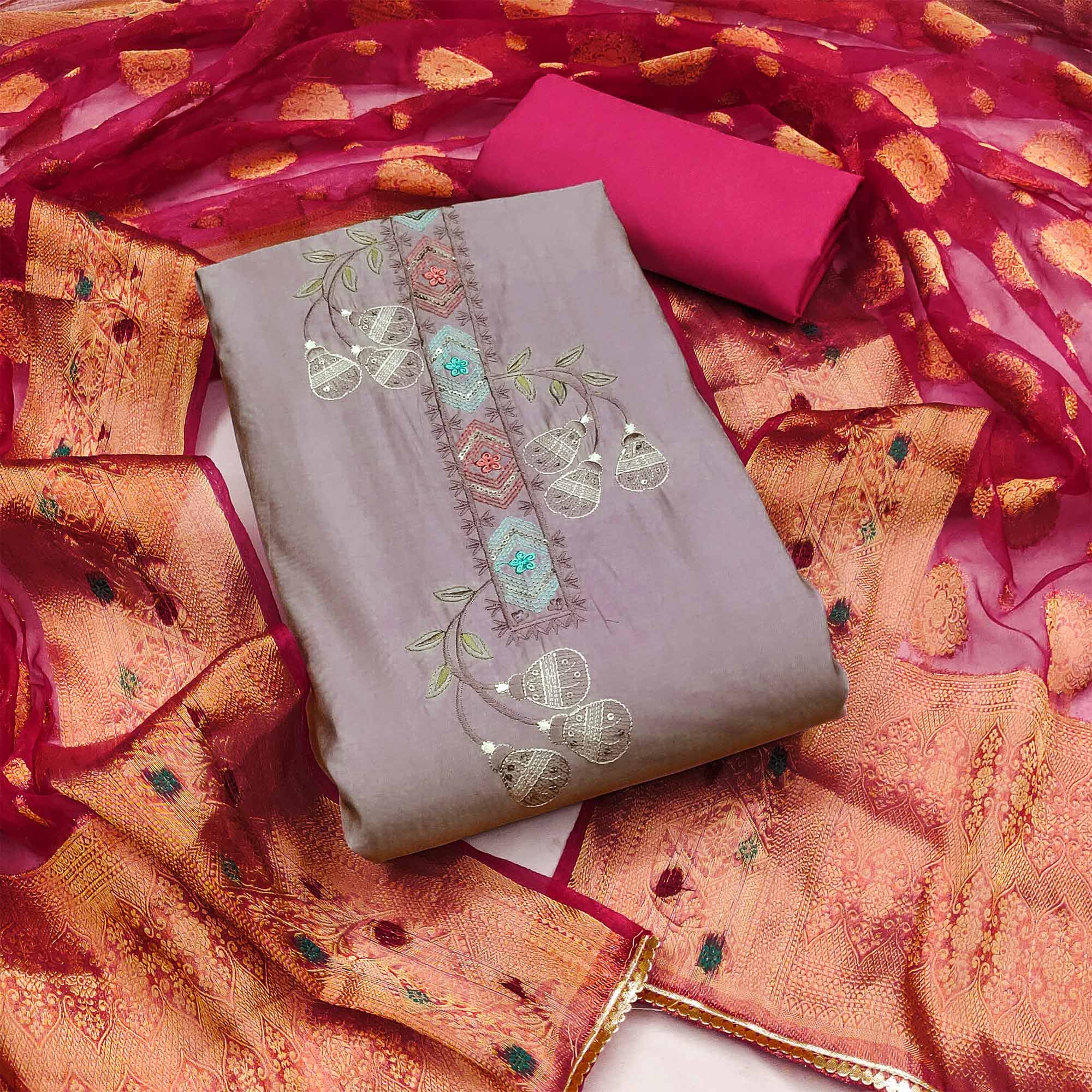 Light Purple Floral Embroidered Cotton Silk Dress Material