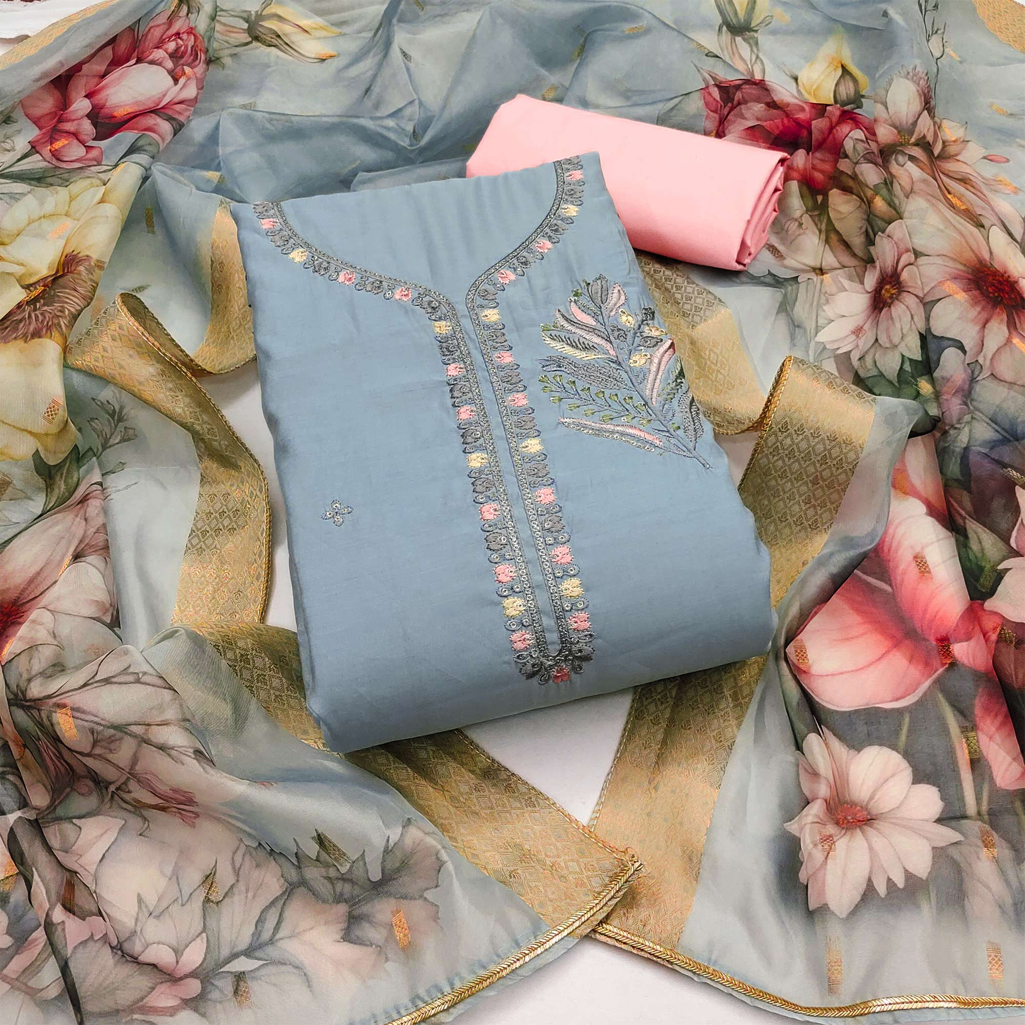 Blue Floral Embroidered Cotton Silk Dress Material